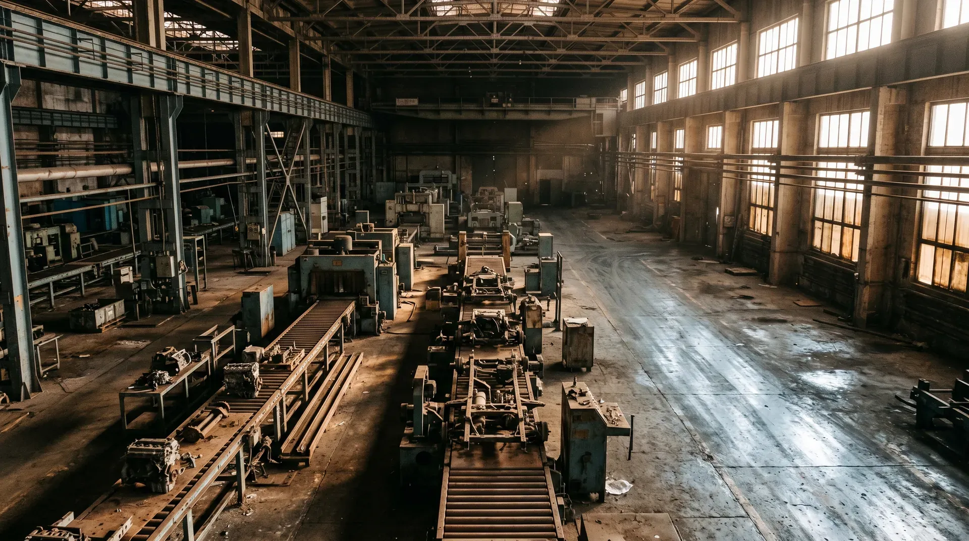 Verlaten industriële fabriekhal met roestige machines, werkbanken en grote ramen met zonlicht