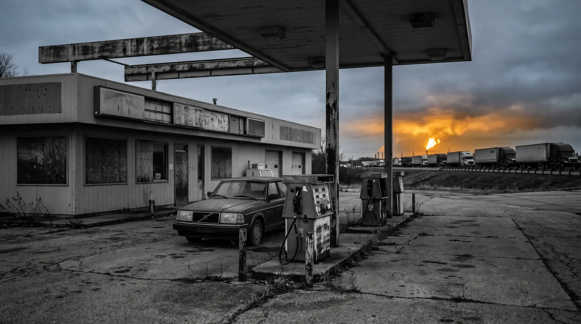 Verlaten tankstation met vervallen auto onder betonnen afdak bij zonsondergang, industriële achtergrond