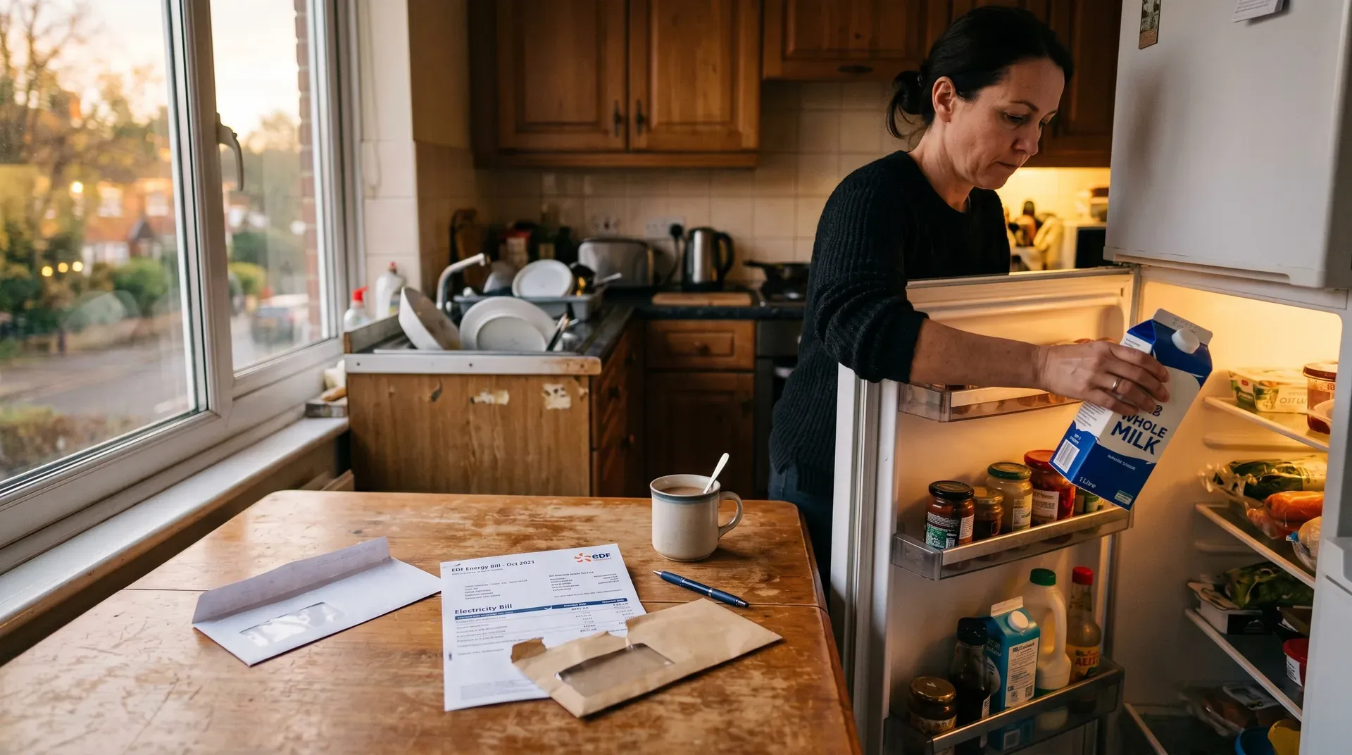 Vrouw in keuken bekijkt energierekening naast melkpak en huishoudproducten