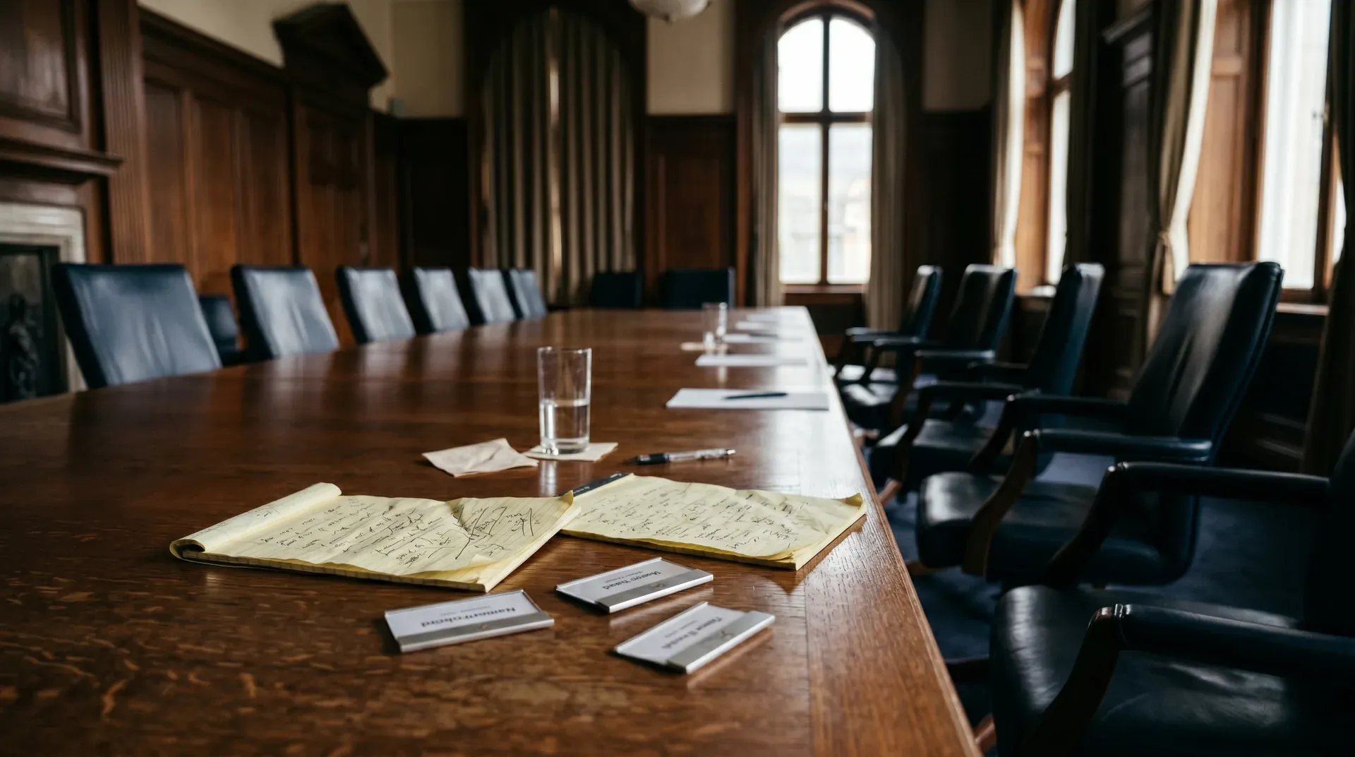 Lege conferentiezaal met mahoniehout tafel, zwarte stoelen, historische documenten en water glas