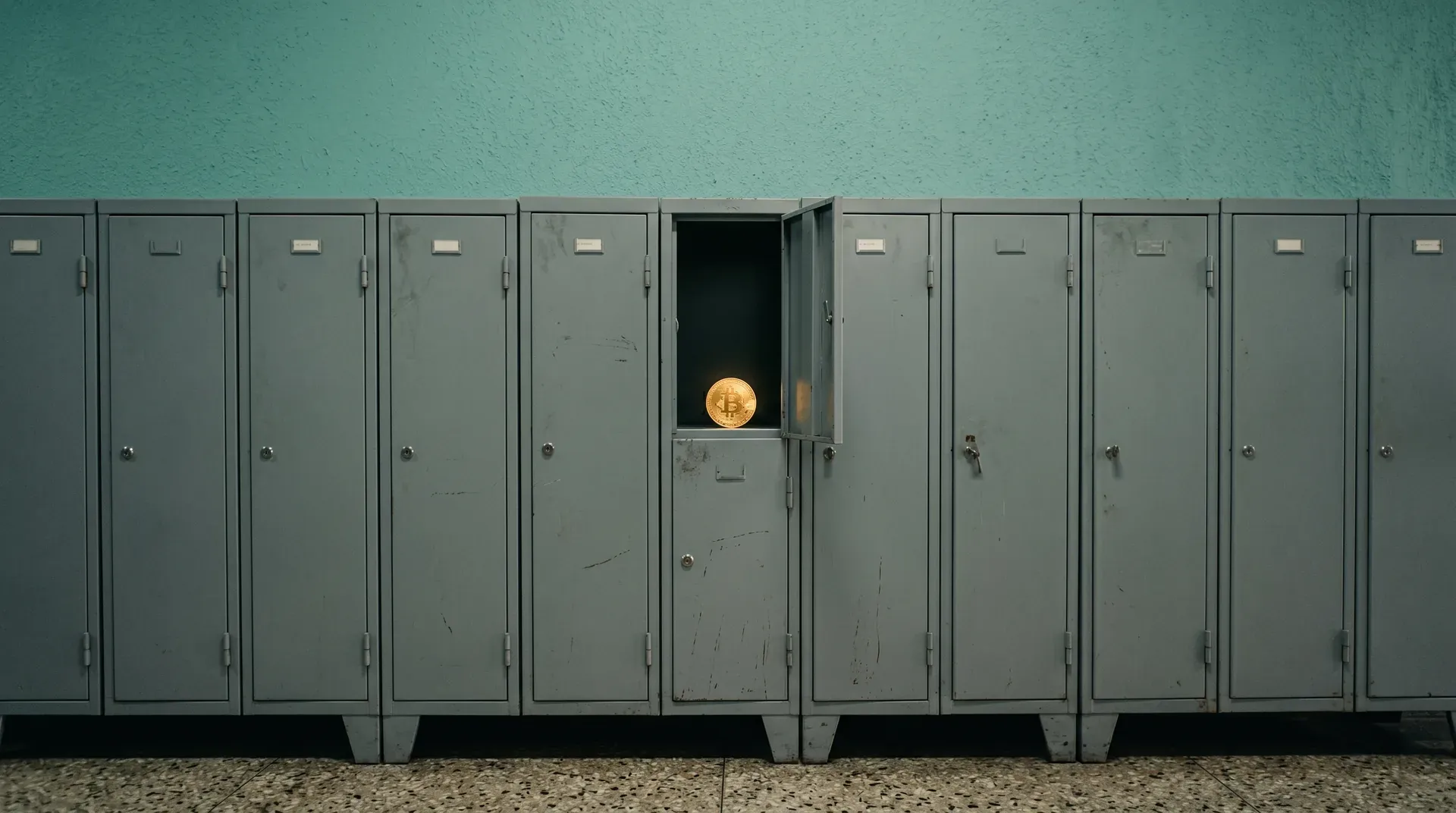 Rij gesloten metalen kluizen tegen turquoise muur, één open kluis met gouden munt zichtbaar