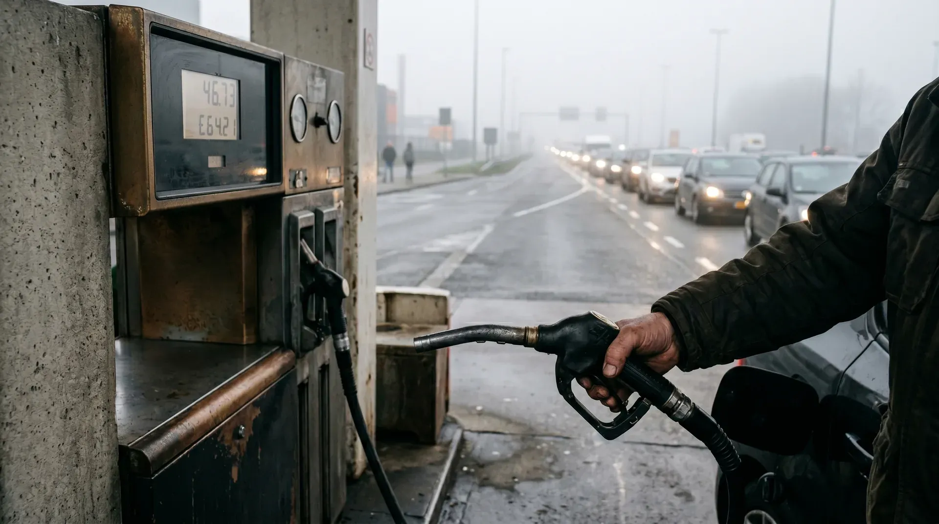 Hand met benzinepomp bij tankstation, verkeersstroom op mistige snelweg op achtergrond