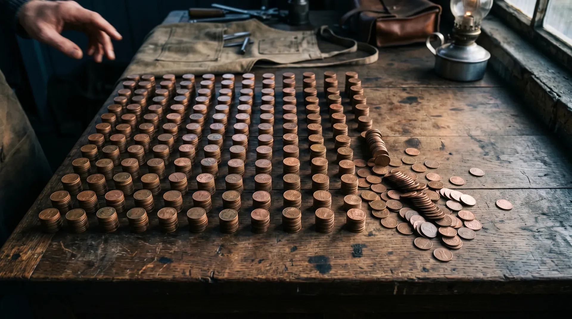 Gestapelde munten op houten tafel met losse munten, symboliserende financieel succes en winst