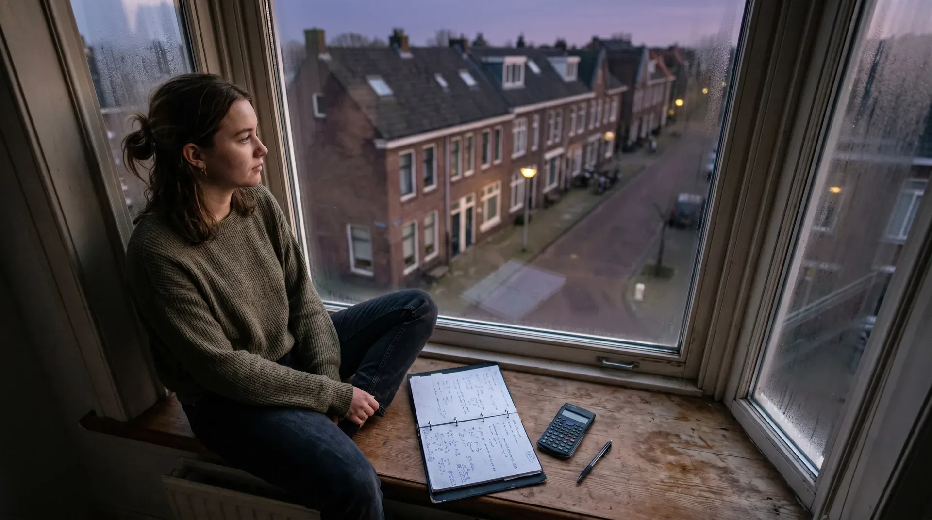 Vrouw zit bij groot raam en kijkt naar huizen, met rekenmachine en documenten op schoot