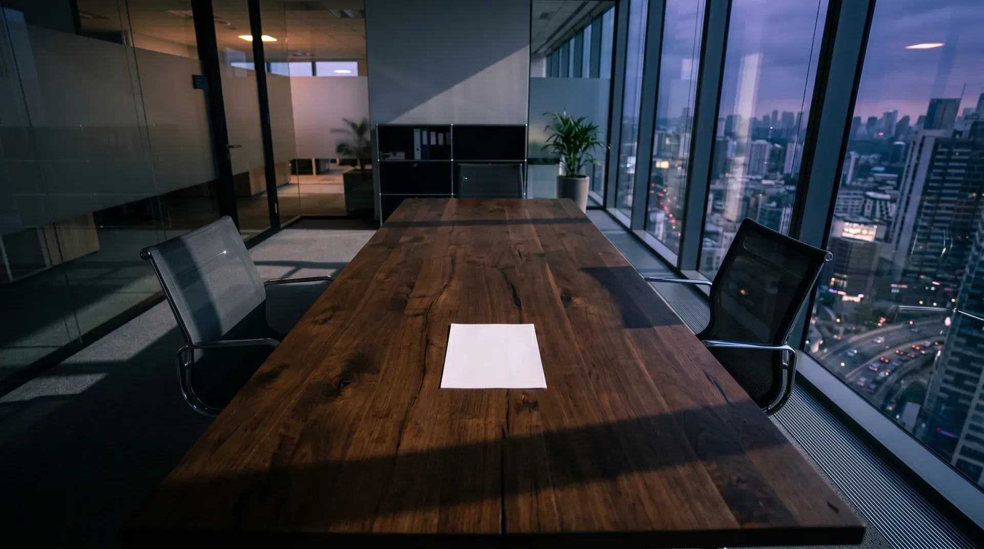 Luxe conferentieruimte hoog boven stad met houten tafel, zwarte stoelen en panoramische ramen met skyline