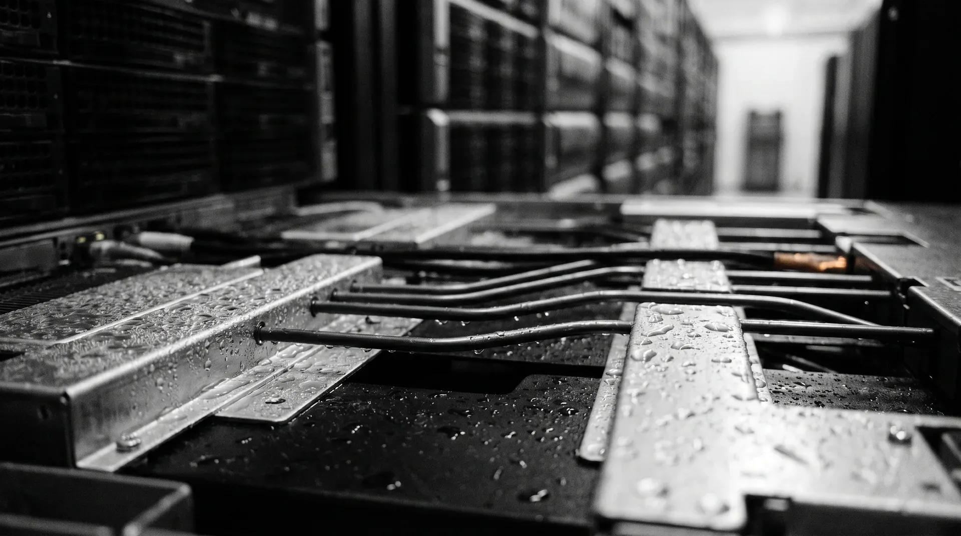 Zwart-wit close-up van serverrack met kabels in datacentrum, vervagen gebouwen op achtergrond