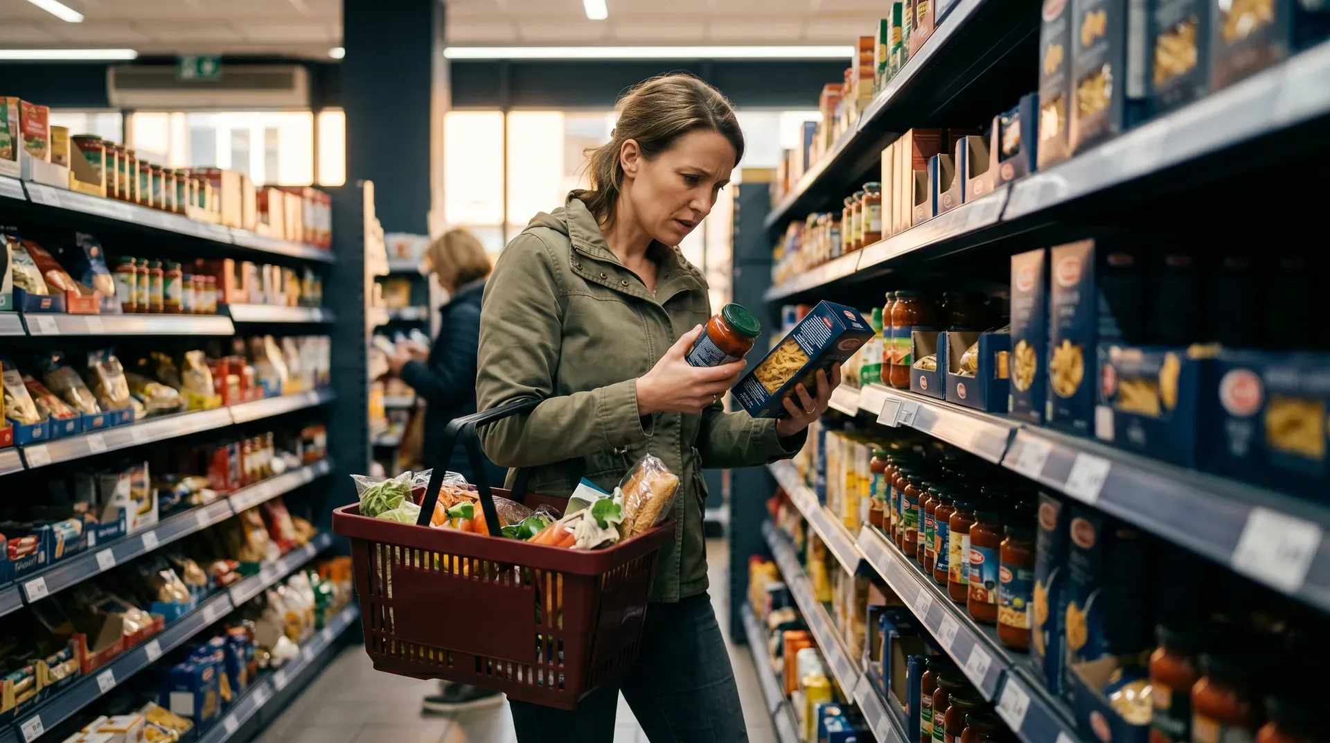 Vrouw in supermarkt bestudeert voedselverpakking terwijl ze boodschappen doet