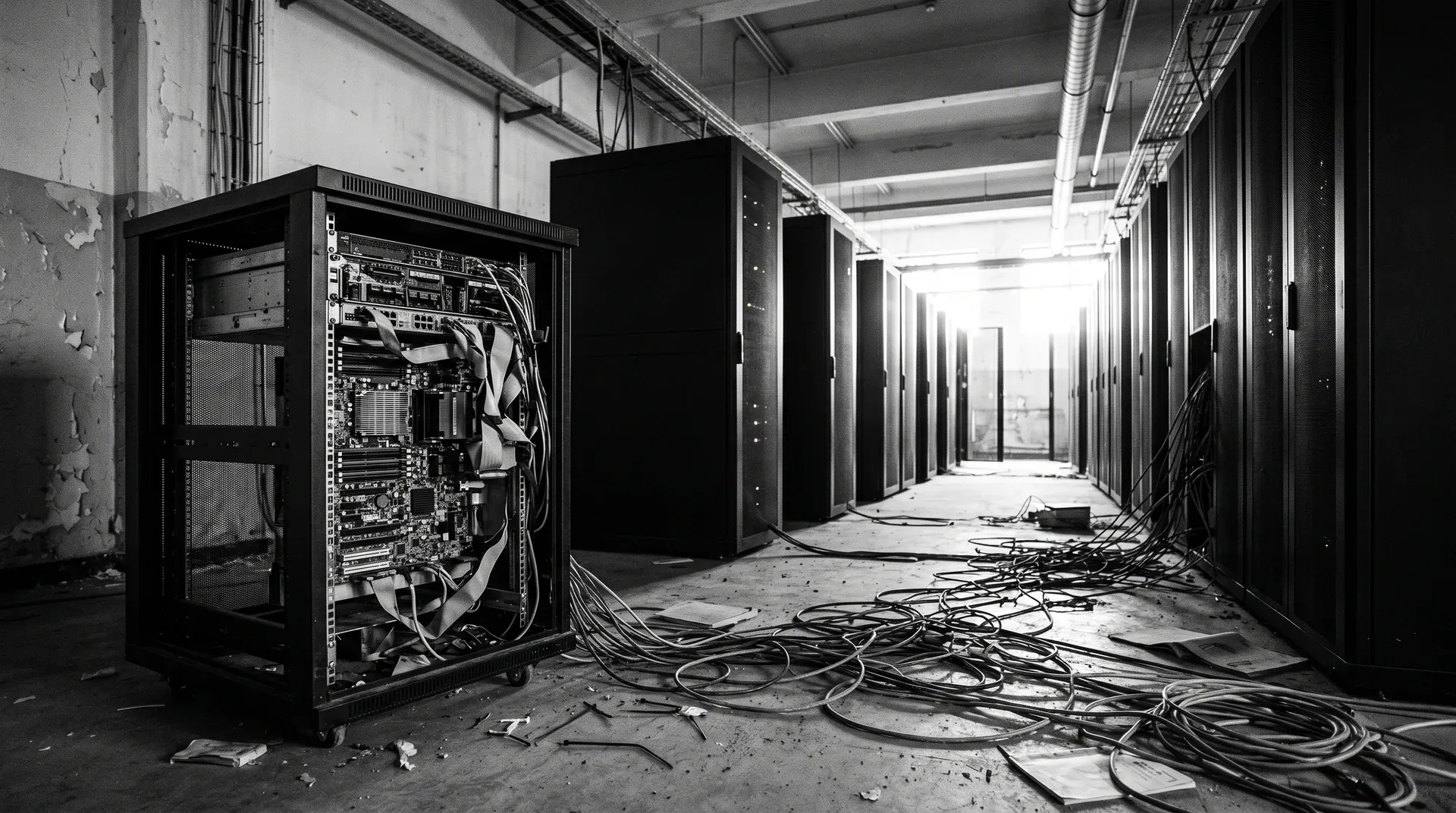 Datacentrum in aanbouw met serverkasten, kabels en industriële ruimte onder fluorescente verlichting