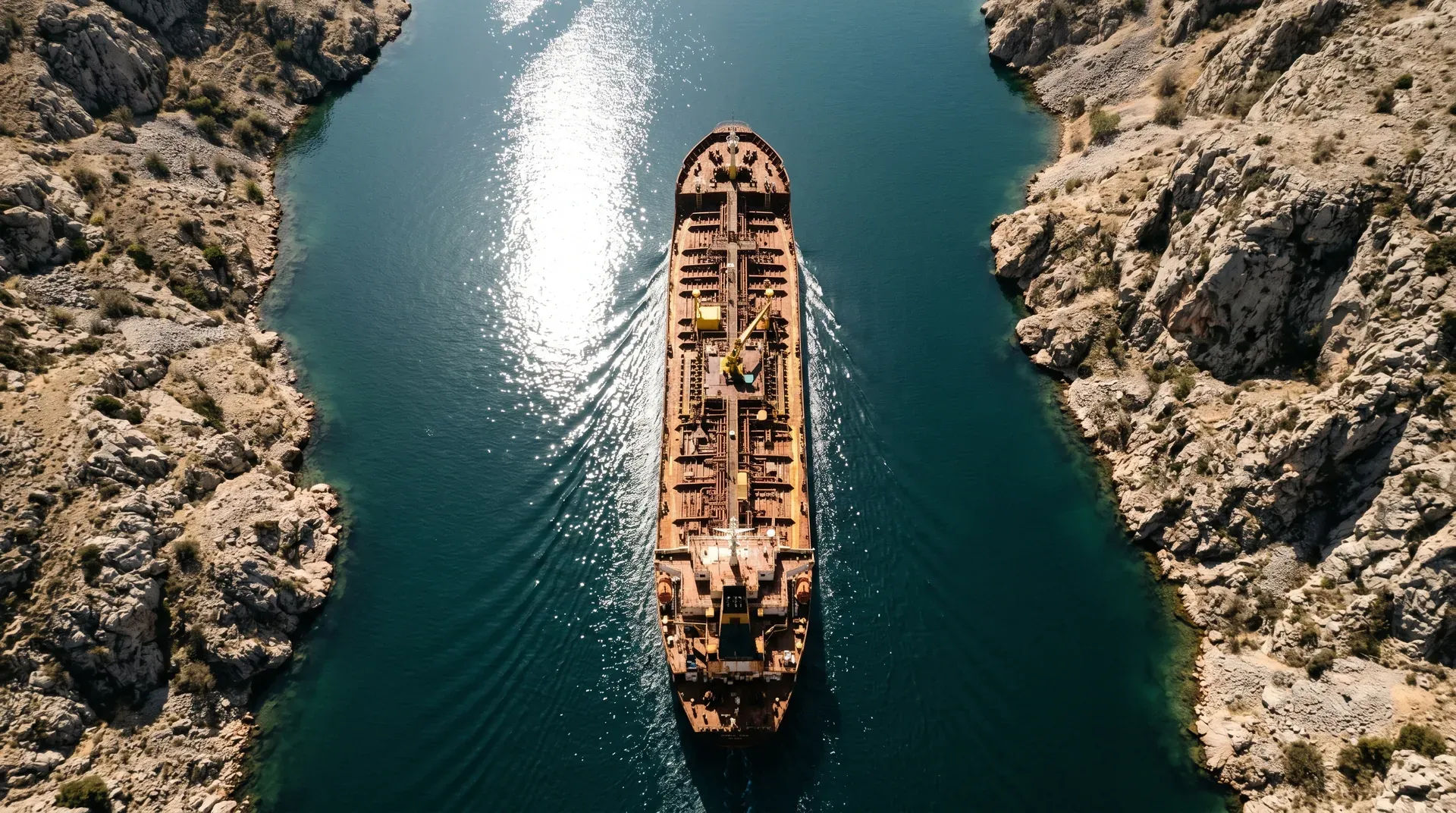 Groot vrachtschip vaart door nauw kanaal tussen rotswanden in turquoise water
