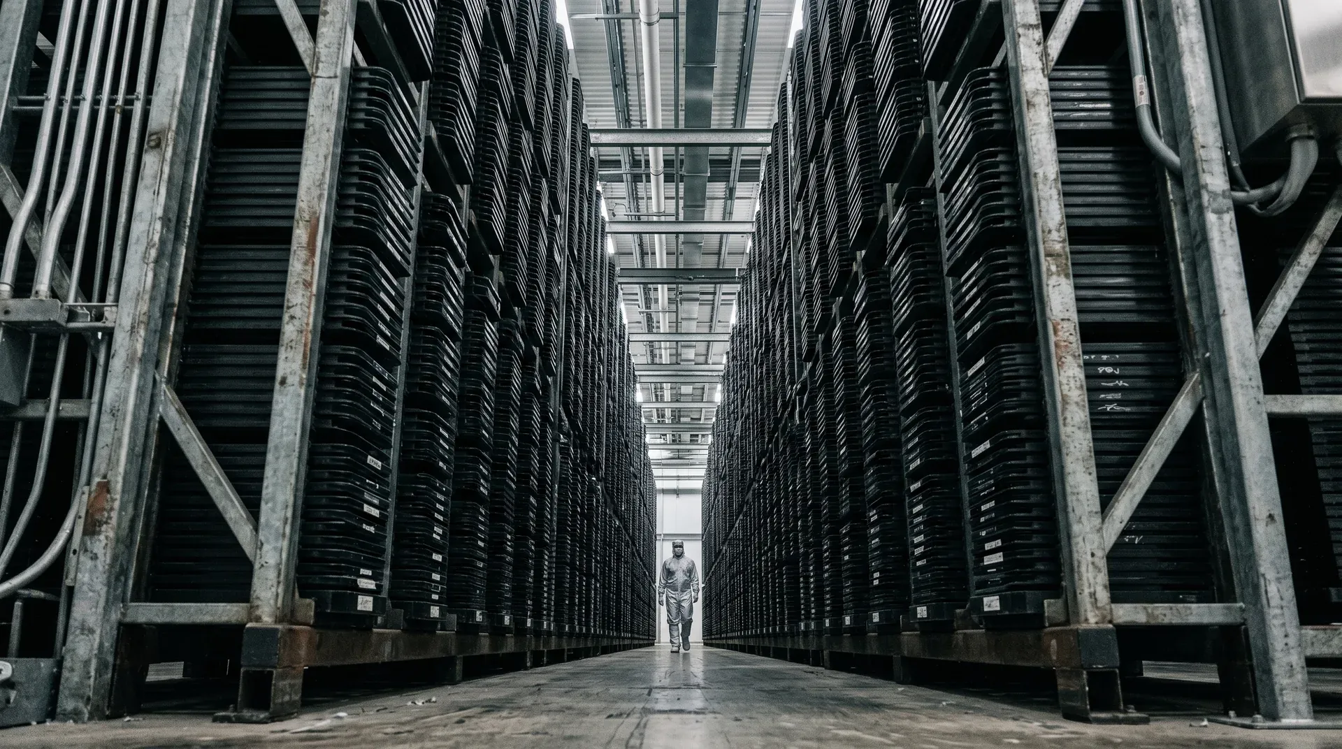 Persoon loopt door symmetrische gang met zwarte serverkasten aan beide zijden en industrieel daglicht