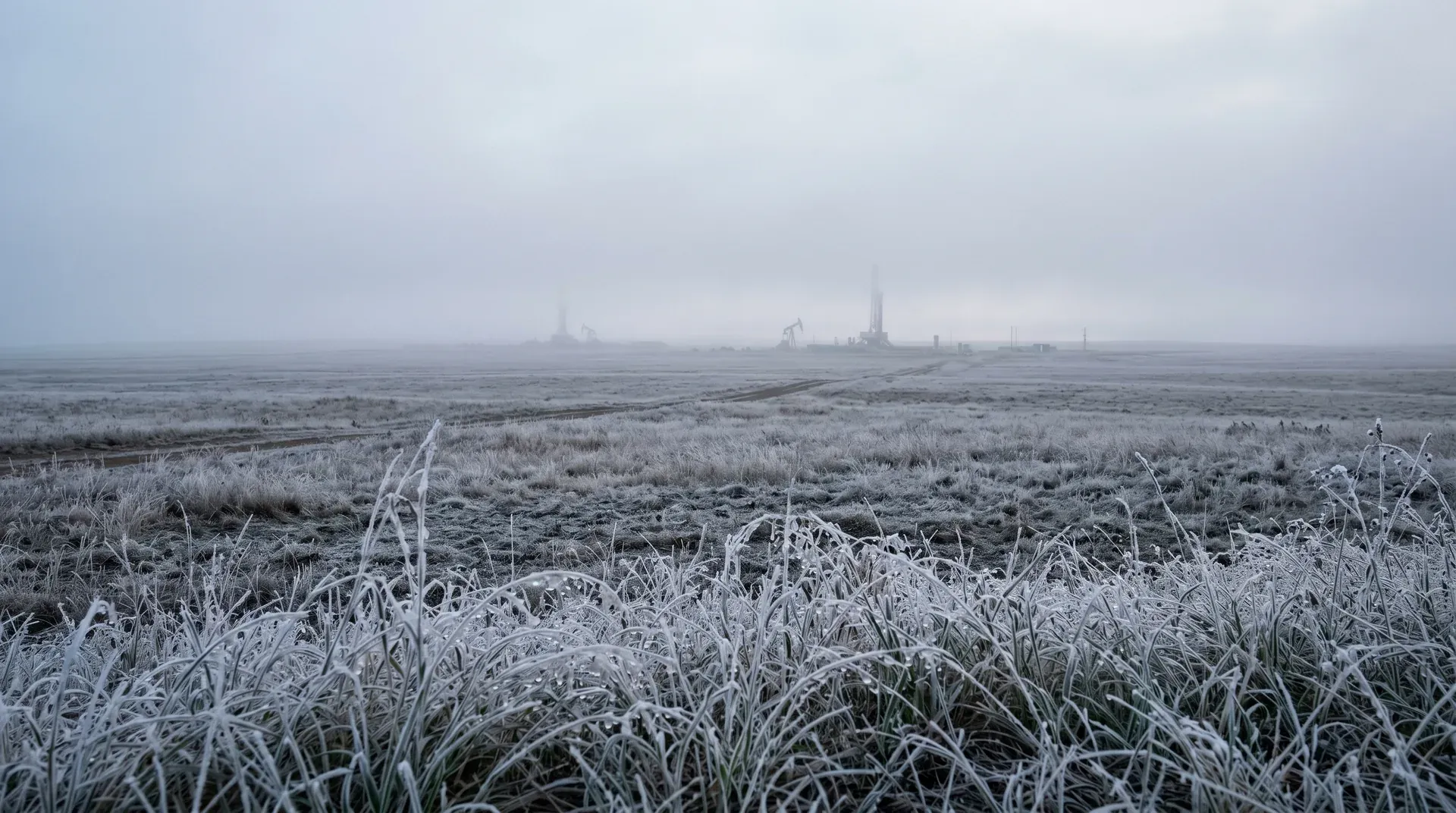 Bevroren grasveld met industriële installaties en schoorstenen op de mistige horizon