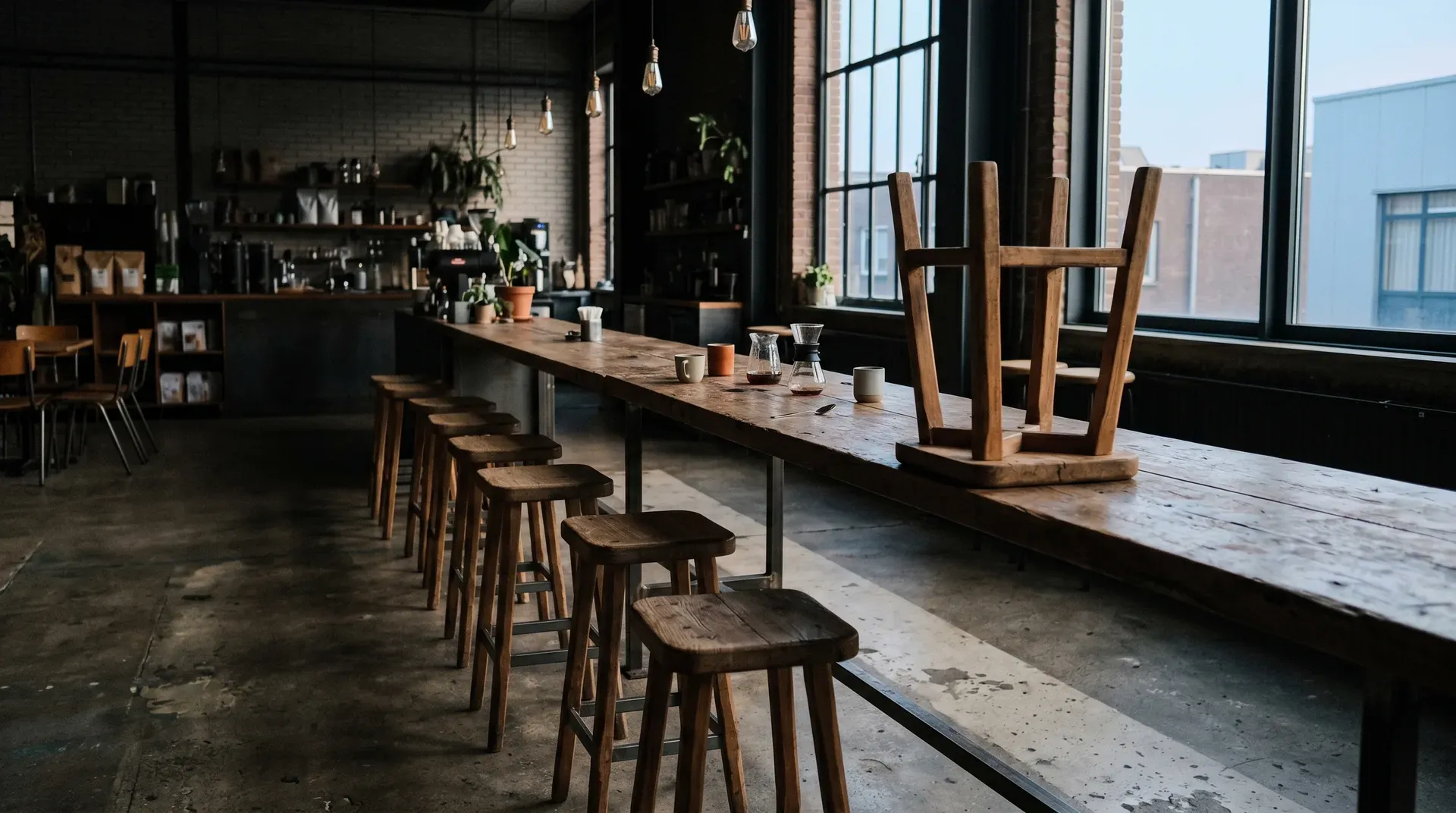 Moderne cafetaria met houten tafels, barstoelen en grote ramen met uitzicht op stedelijke omgeving
