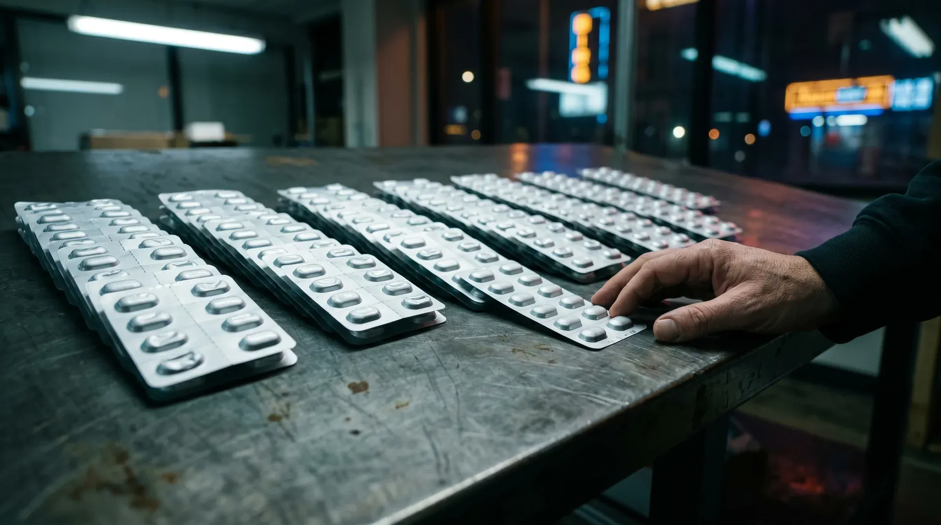 Hand raakt blister met witte tabletten op werkblad in industriële setting bij avond