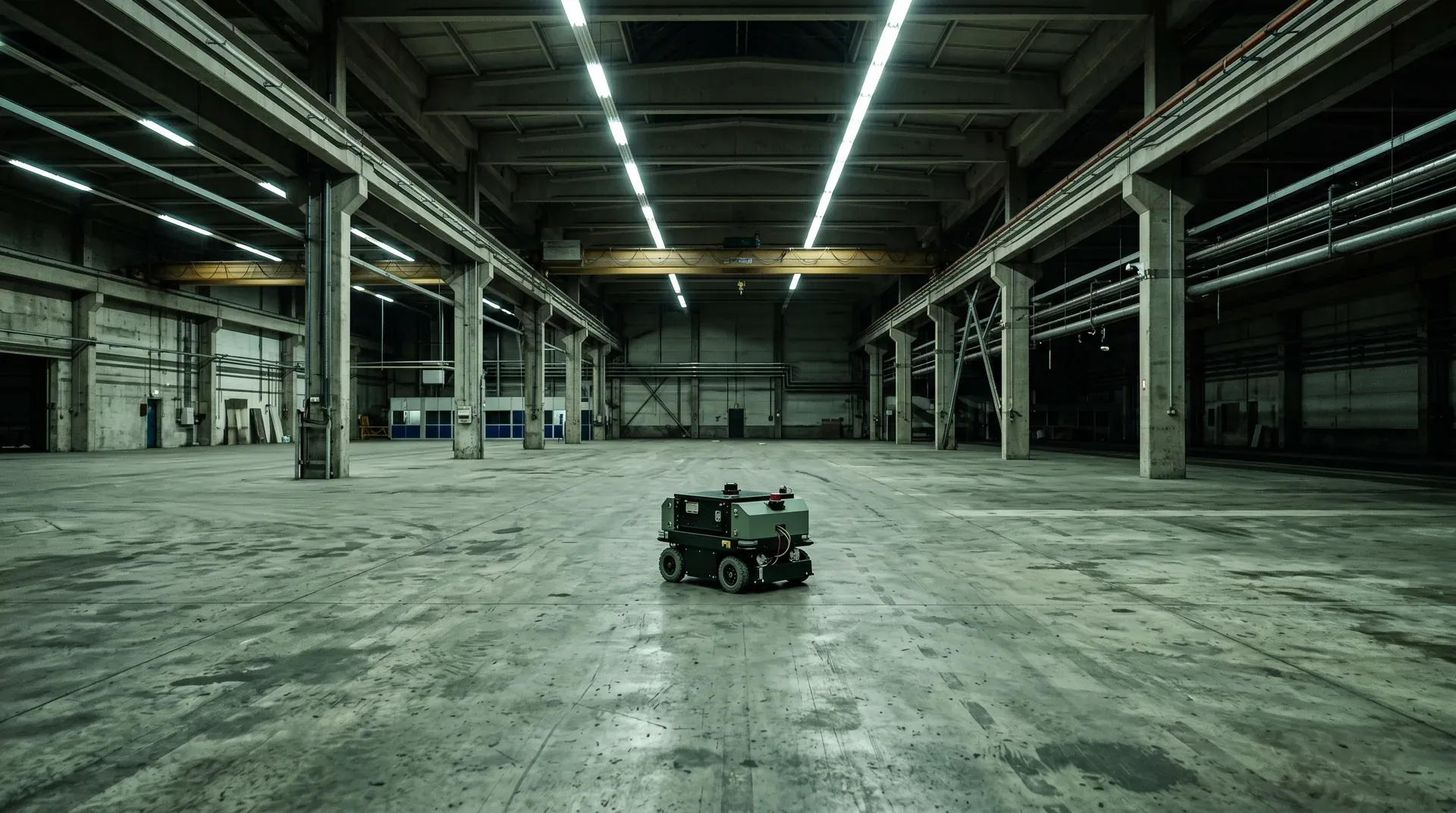 Groot industrieel magazijn met betonnen vloer, stalen kolommen en fluorescente verlichting; klein robotisch voertuig in het midden