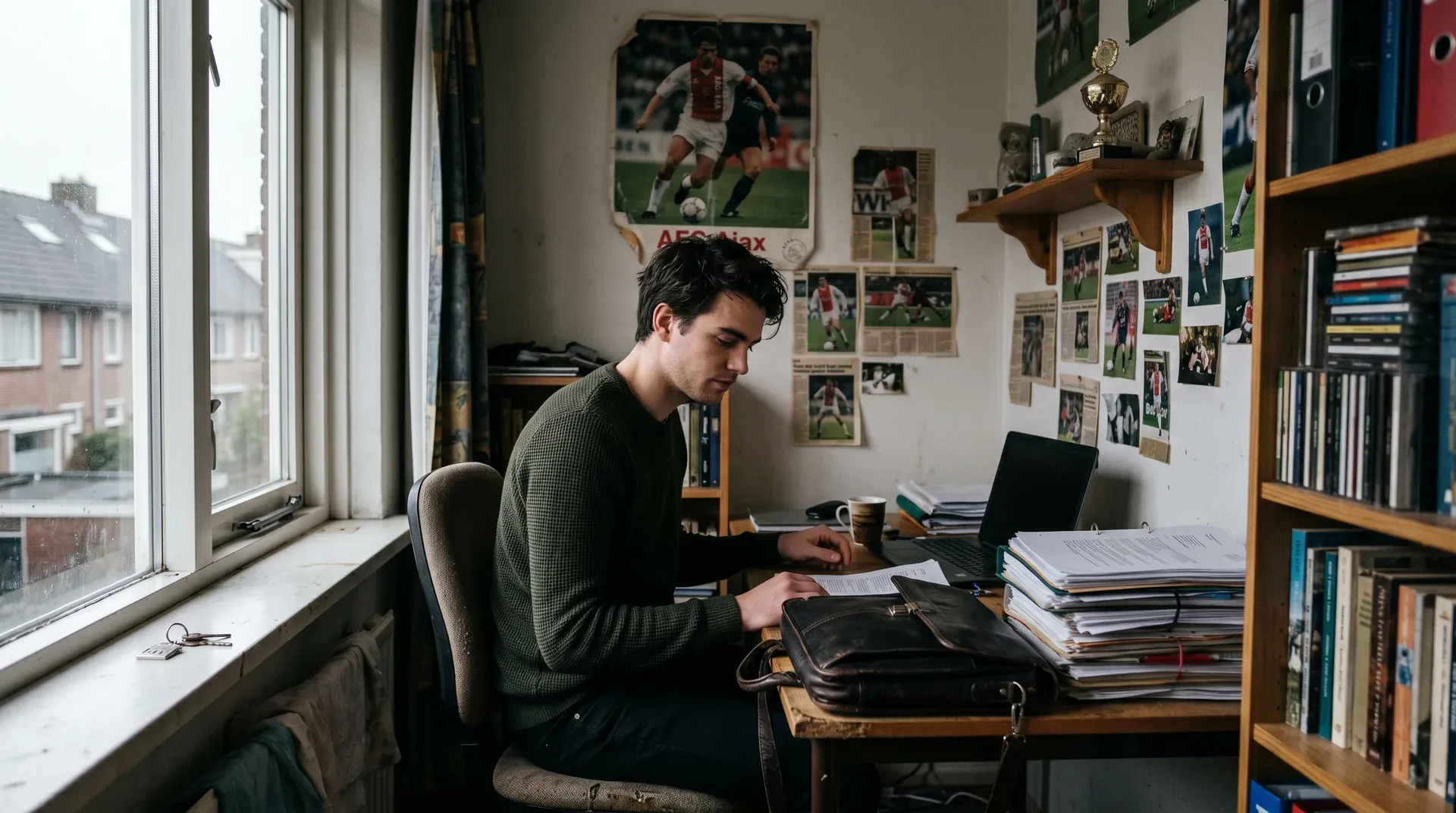 Jongeman aan bureau werkend met laptop, omringd door boeken en voetbalfoto's aan muur