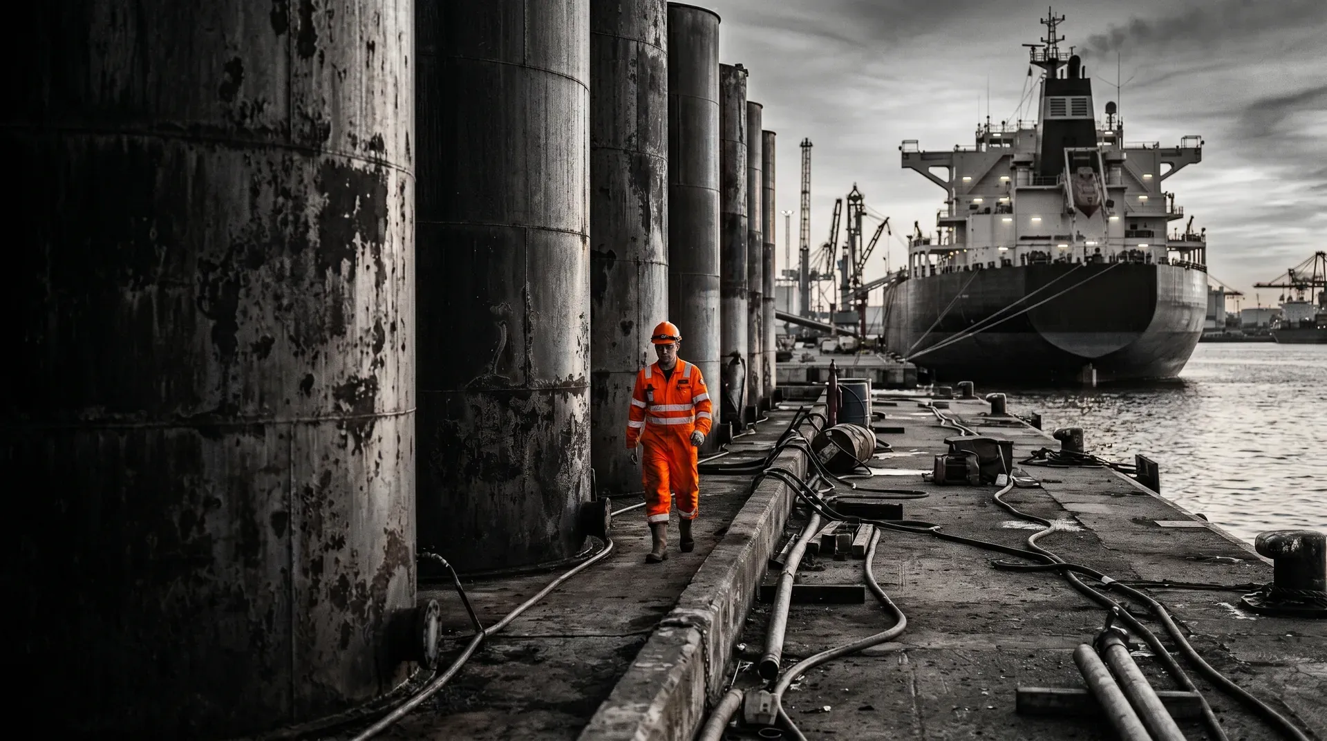 Werknemer in oranje veiligheidspak bij industriële haveninstallatie met tanker en laadkranen