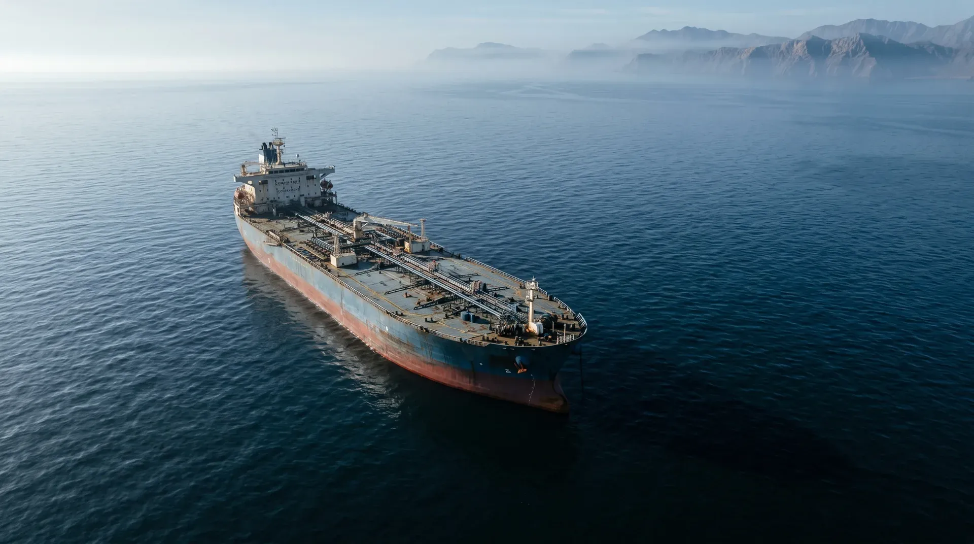 Grote tanker in open zee met bergen aan horizon, kalm water, professionele scheepvaartkwaliteit