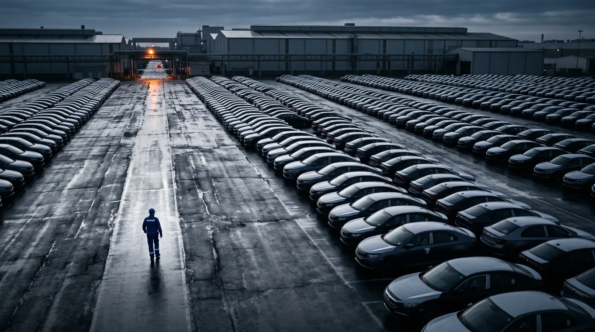 Arbeider loopt tussen rijen geparkeerde auto's op industrieel terrein bij schemering