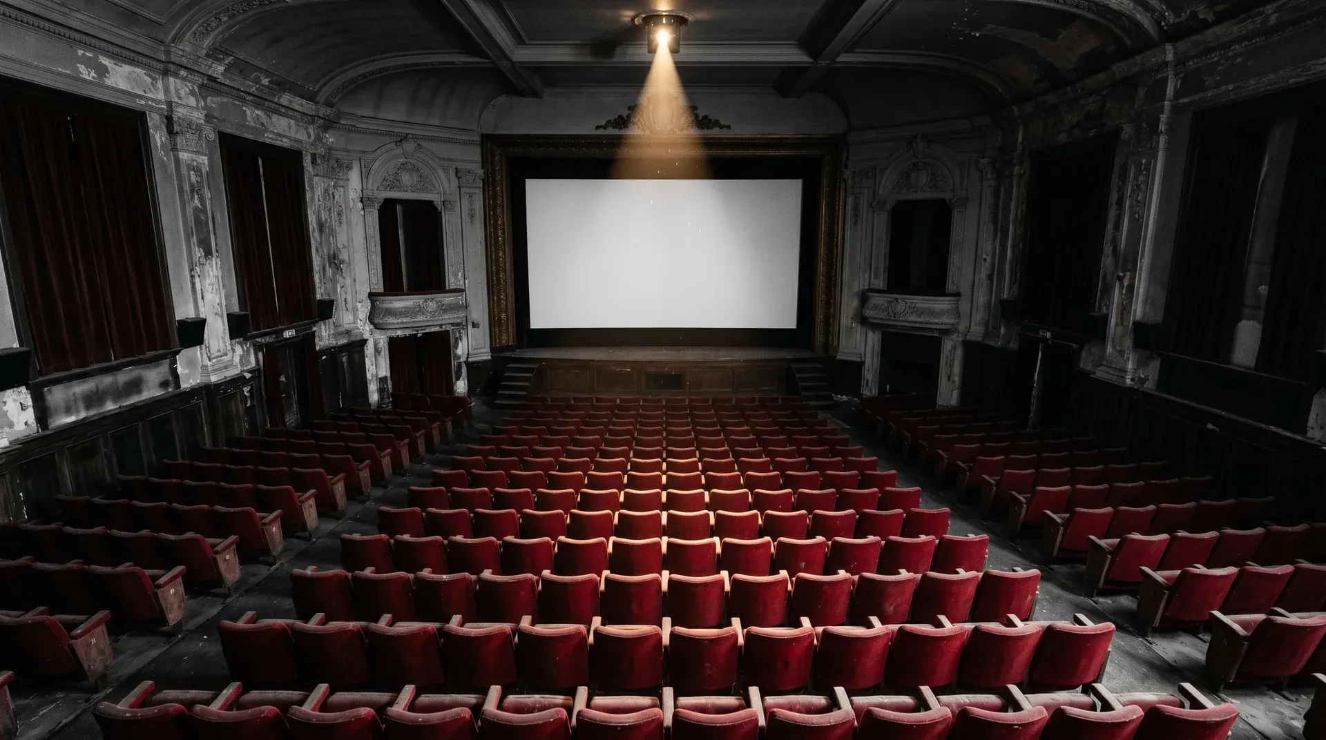 Leeg bioscooptheater met rode bioscoopstoelen, projectiescherm en klassieke architectuur