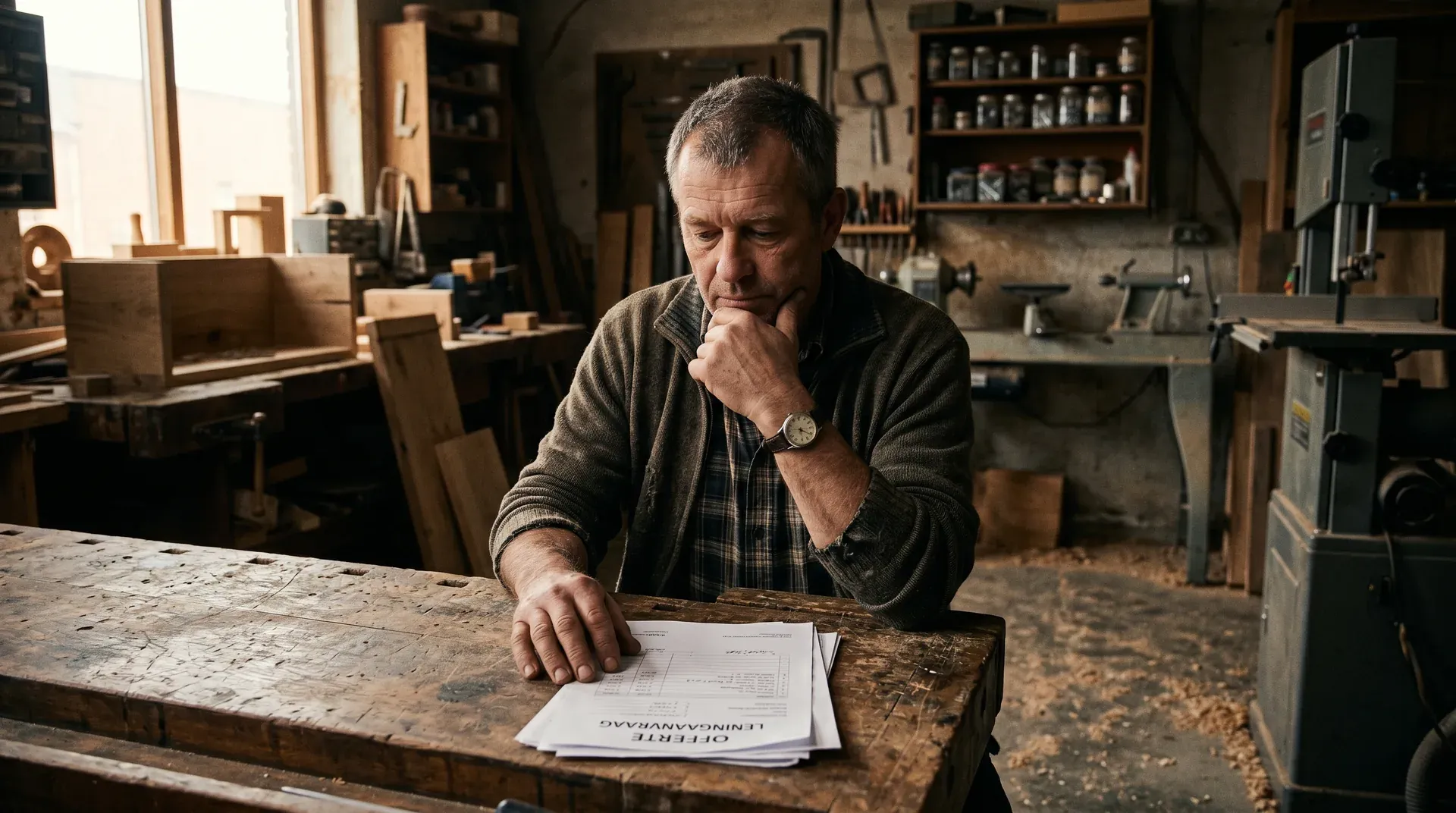 Oudere ondernemer bestudeert documenten aan werkbank in houten ambachtswerkplaats met gereedschap