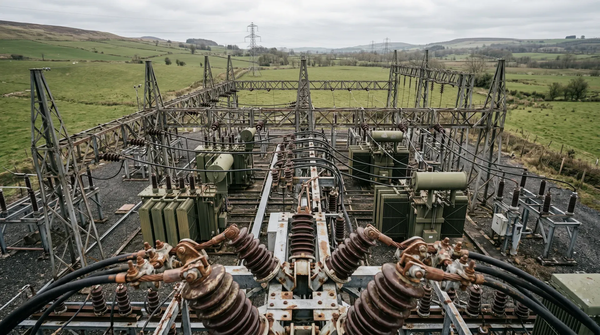 Elektriciteitssubstation met transformatoren en hoogspanningstorens in landelijk gebied