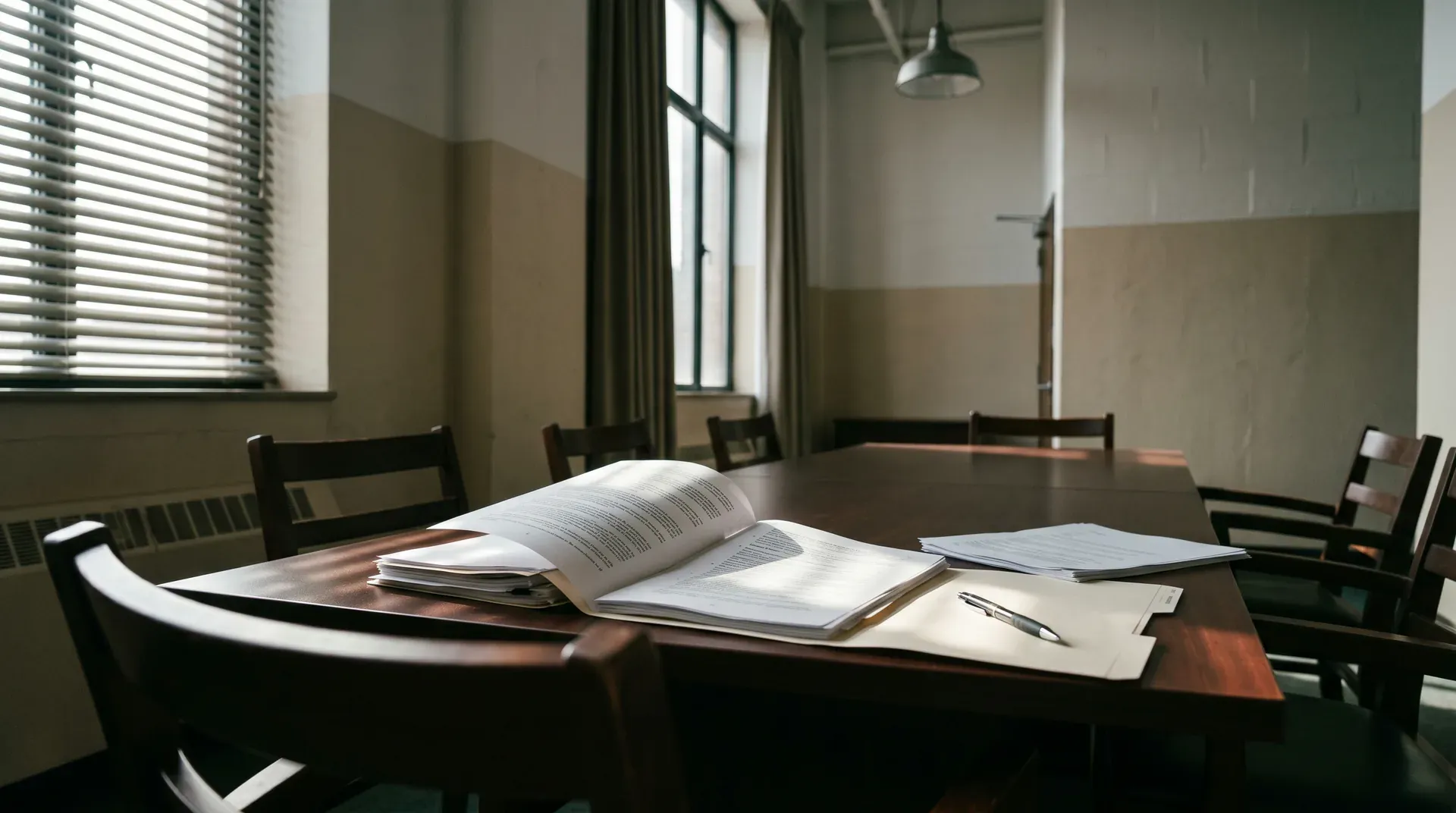 Conferentietafel met opengeslagen documenten, notitieboek en pen in kantooromgeving met ramen