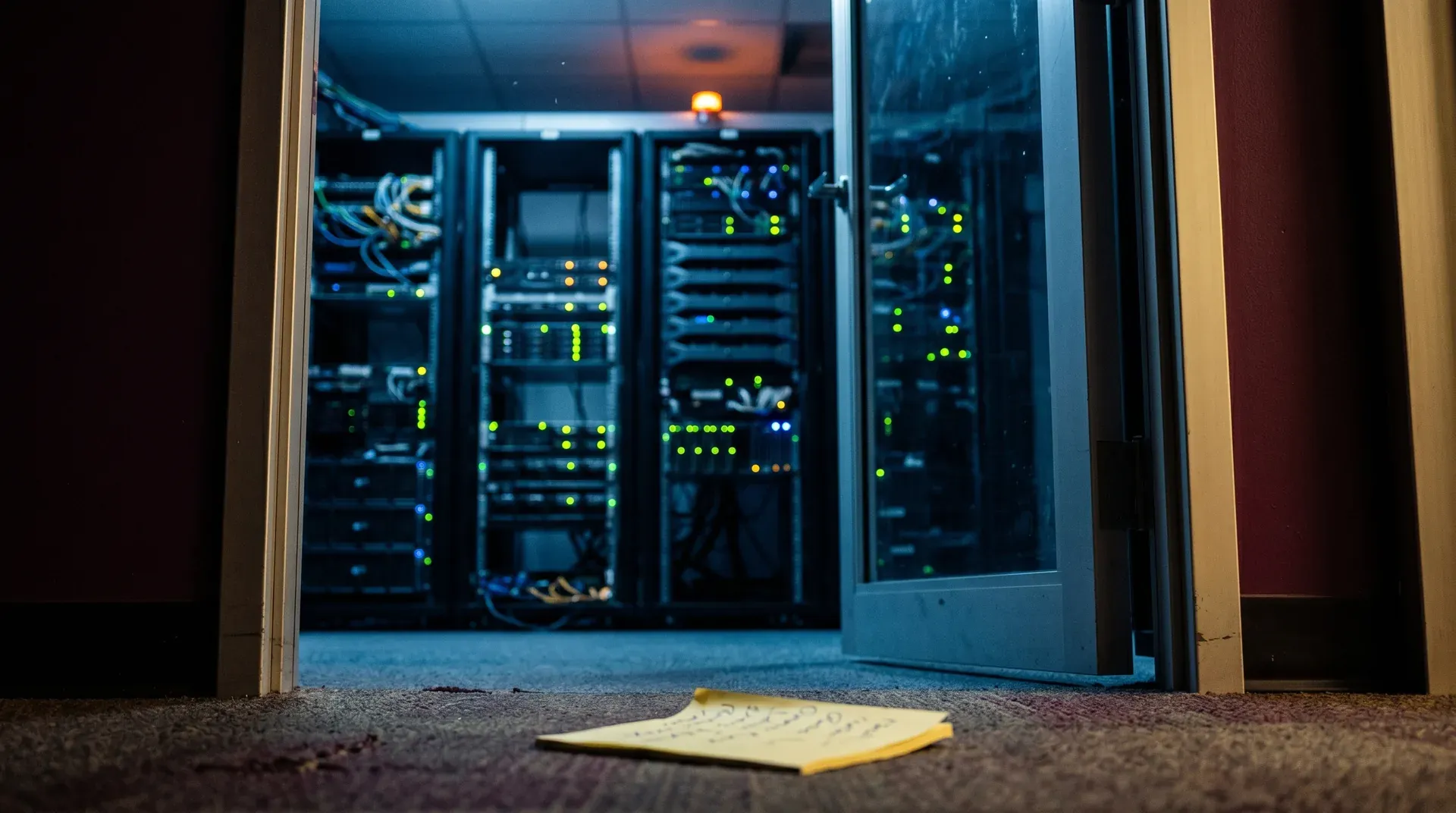 Serverracks met verlichte indicator-lampjes in donkere serverruimte, geopende deur op voorgrond