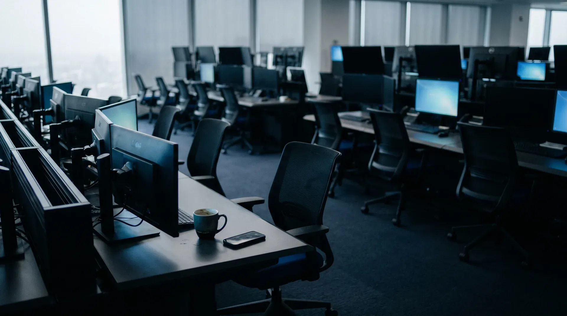 Leeg kantoor met rijen computerworkstations, monitors en bureaustoel op voorgrond met koffiekop