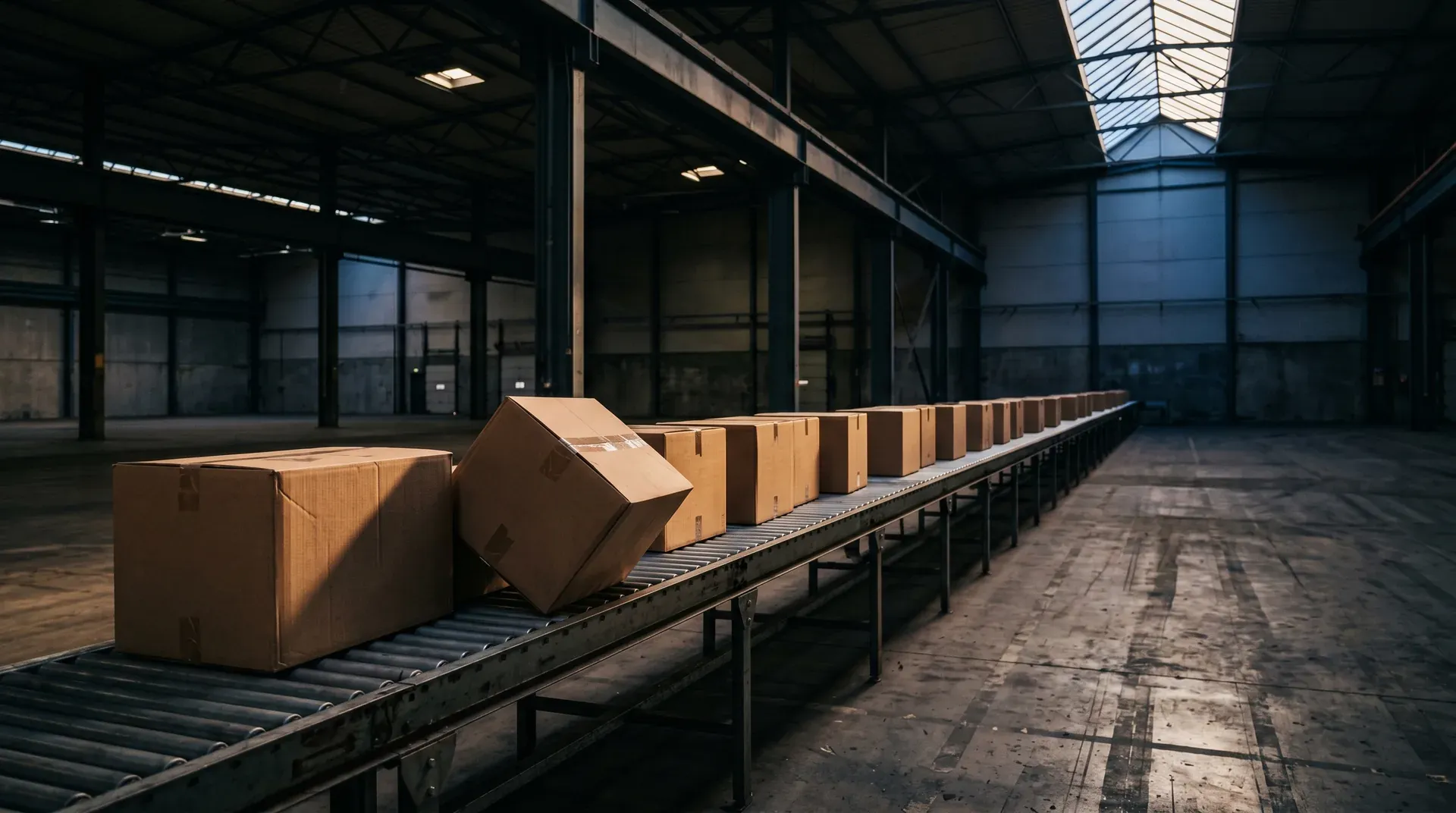 Kartonnen dozen op een lopende band in een groot industrieel magazijn met daglicht van bovenaf