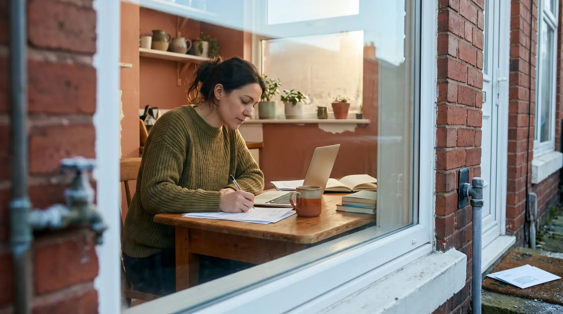 Vrouw aan houten bureau achter raam, schrijvend met laptop en boeken, kopje koffie, warm oranje interieur