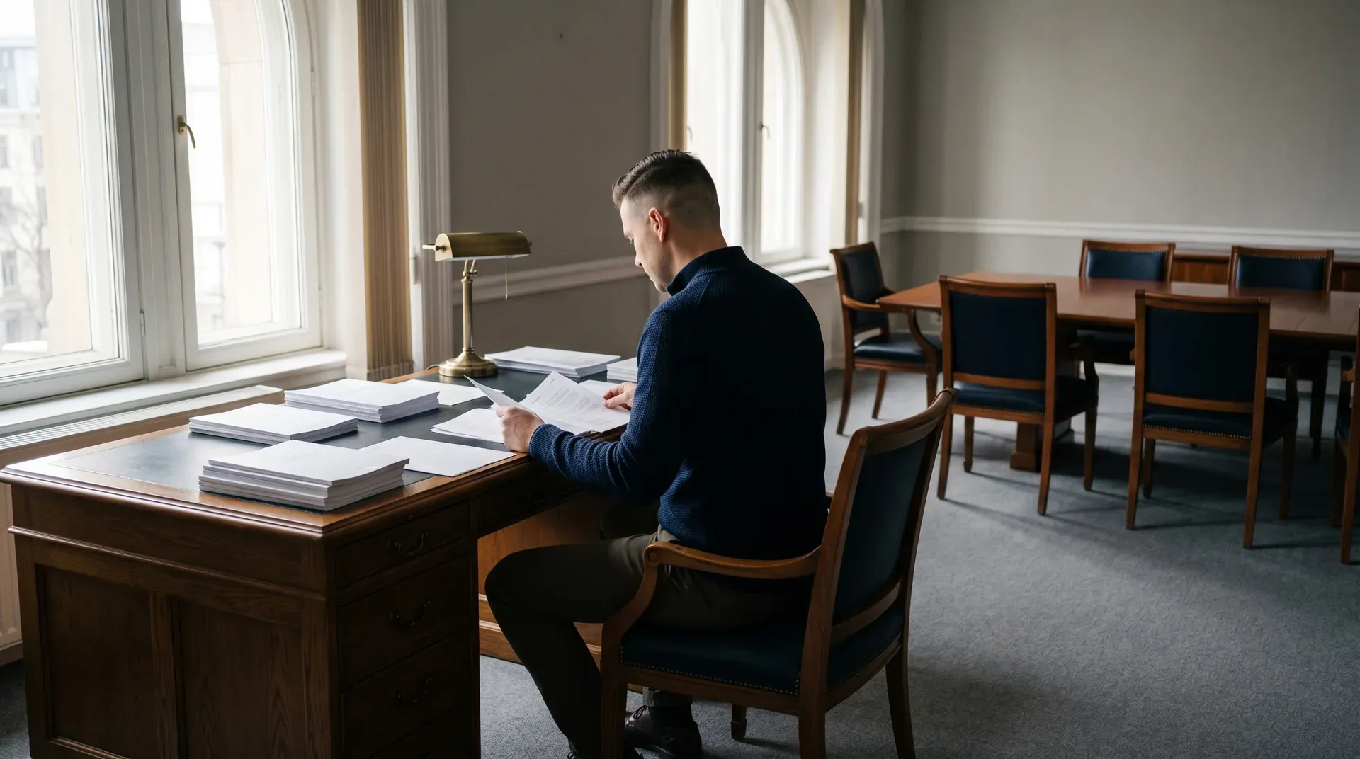 Man in blauw shirt zit achter houten bureau met documenten en leeslamp, leest papieren in stille kantoorruimte.