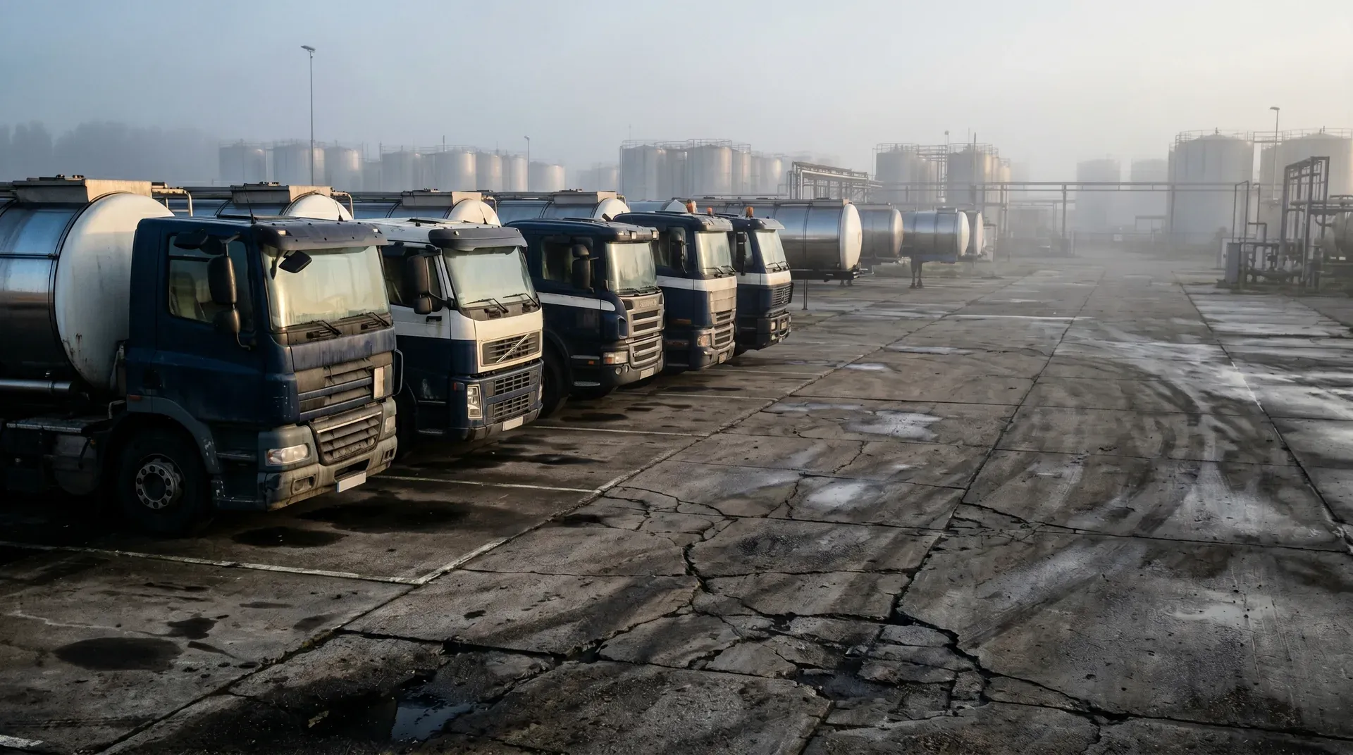 Rij tankwagens op industrieel terrein met opslagtanks en fabrieken in mistige achtergrond