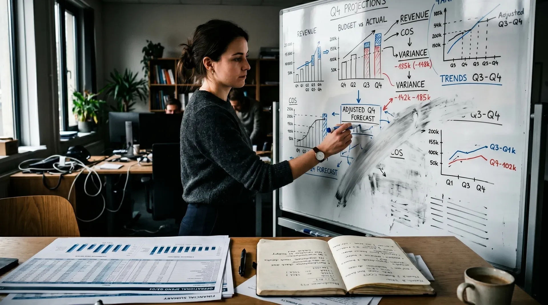 Vrouw analyseert financiële grafieken en prognostieken op whiteboard in modern kantoor met documenten