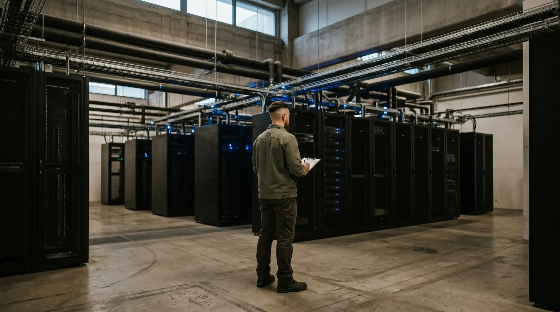 Technicus met clipboard inspecteert serverracks in datacentrum met blauwe bekabeling