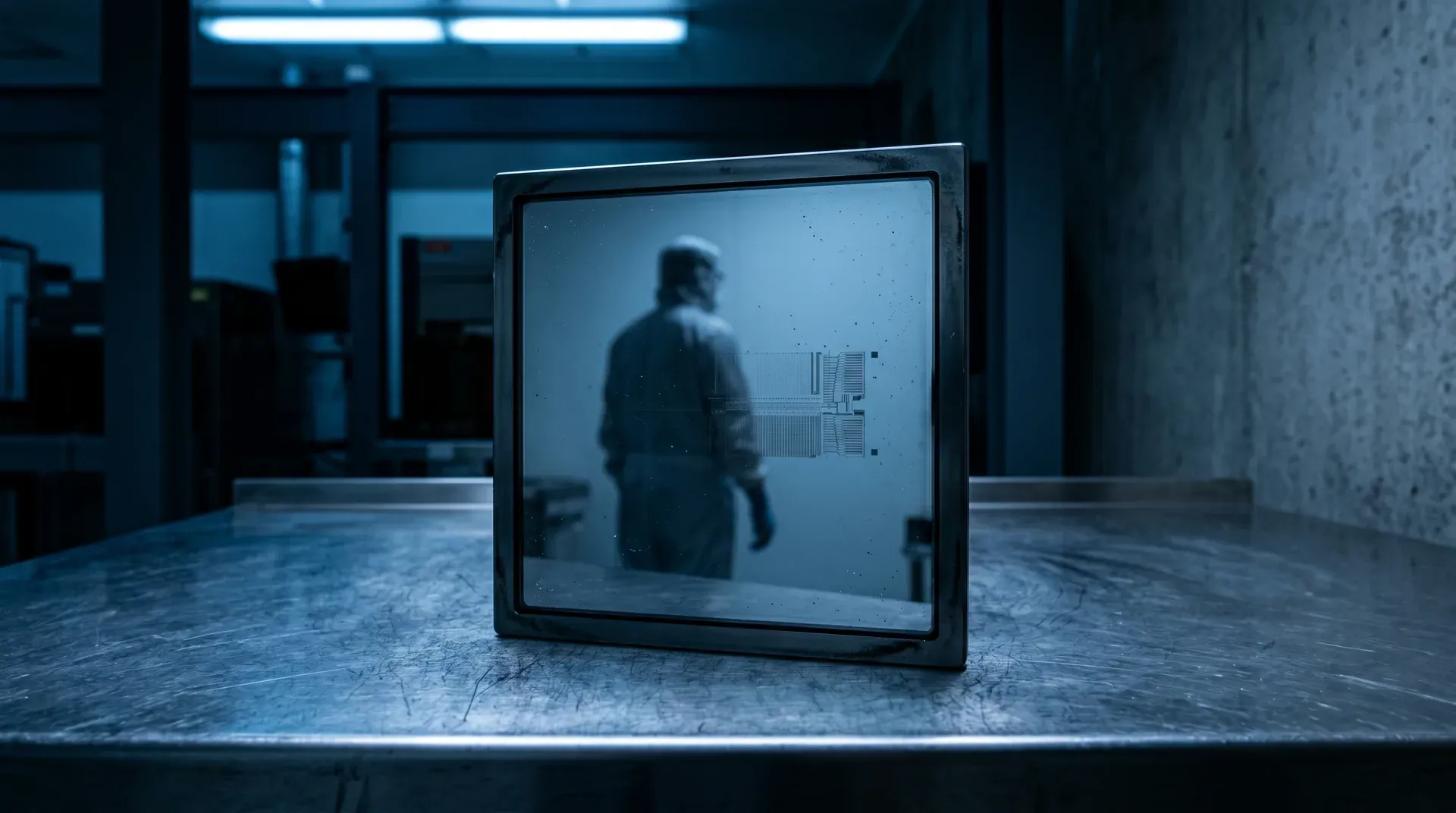 Oude televisie op tafel toont wazig persoon en technische schakelingen in blauwe industriële ruimte