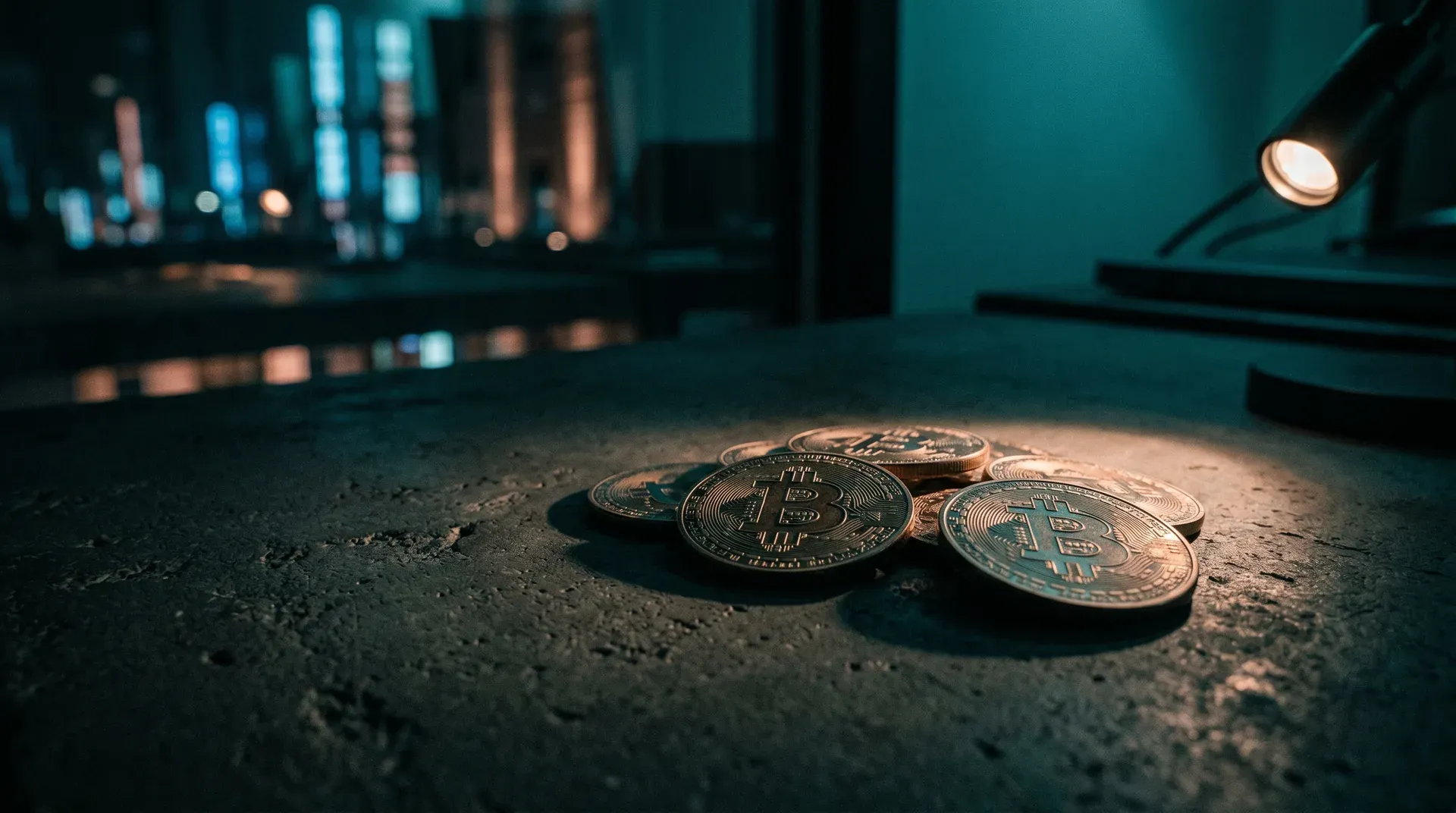 Gloeiende Bitcoin-munten op donkere betonvloer onder spotlicht, nachtelijke skyline onscherp op achtergrond