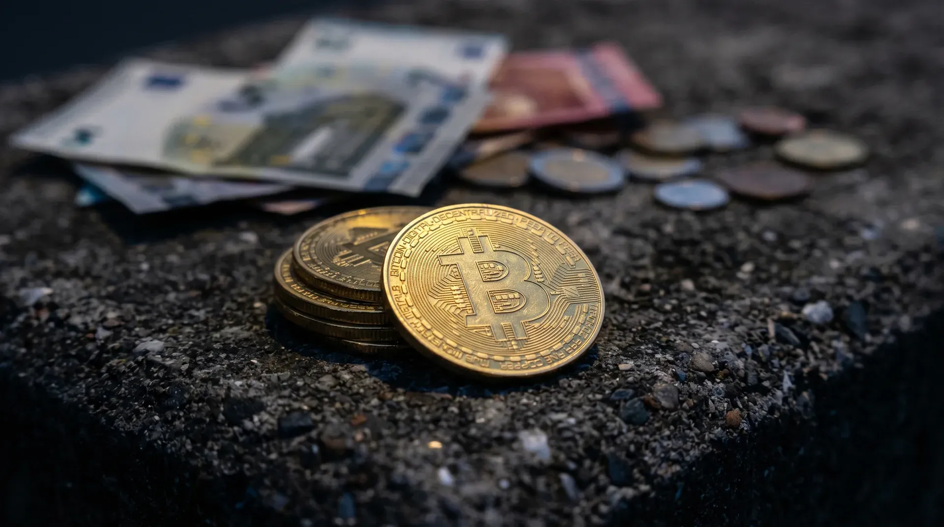 Gouden Bitcoin-munten op donker oppervlak met euro-biljetten en munten onscherp op achtergrond