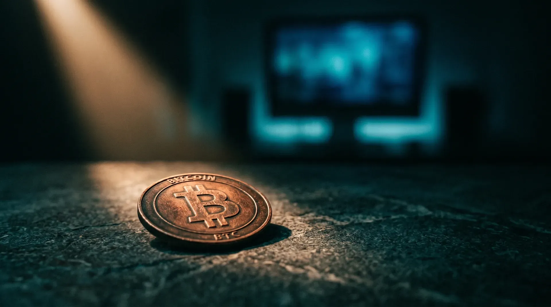 Bronzen Bitcoin-munt op grond onder spotlicht, wazig scherm op achtergrond