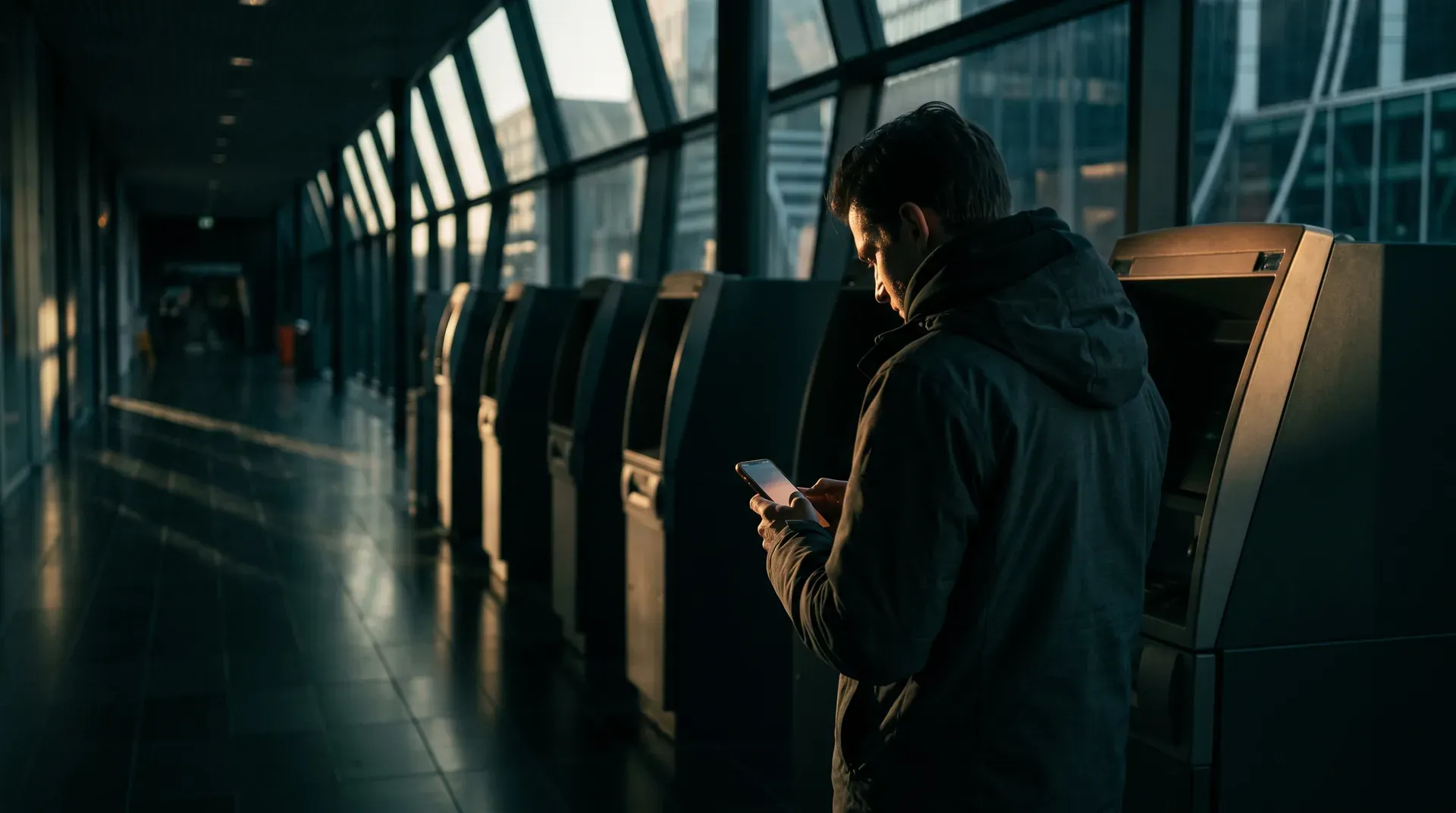 Man in donkere jas met smartphone bij ATM in moderne glazen passage met stadsgezicht op achtergrond.