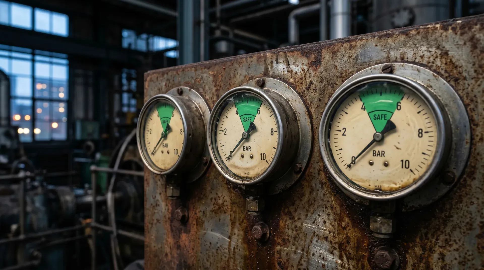 Drie analoge manometers op roestige industriële muur tonen drukmetingen in bar, achtergrond fabriek