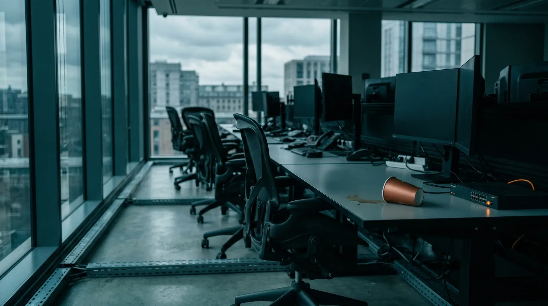 Leeg kantoor op hoge verdieping met zwarte bureaus, computermonitors en ergonomische stoelen, grote ramen met stadsuitzicht.