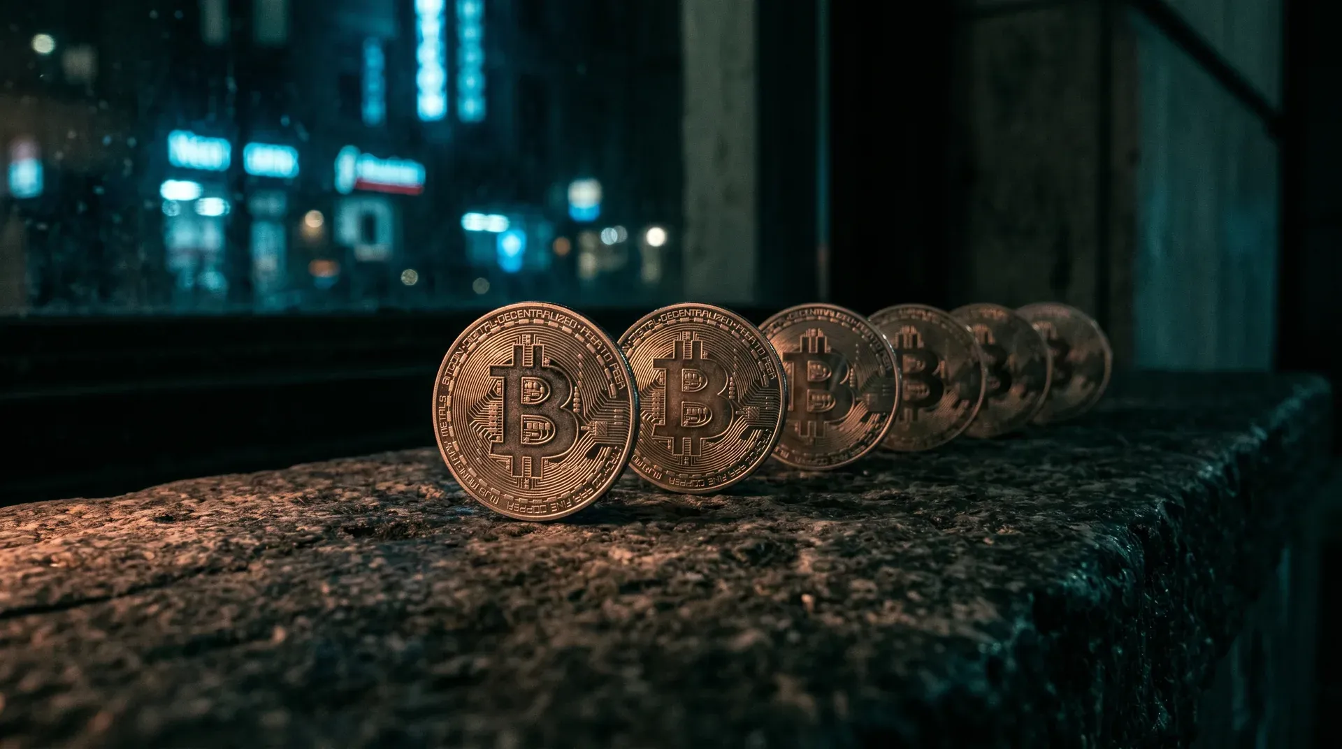 Rij Bitcoin-munten op ruw oppervlak met nachtelijke stadslichten wazig op achtergrond