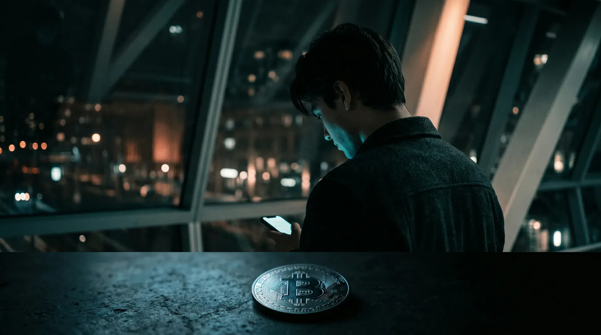 Persoon met telefoon voor cityscape bij nacht, fysieke bitcoin-munt op voorgrond