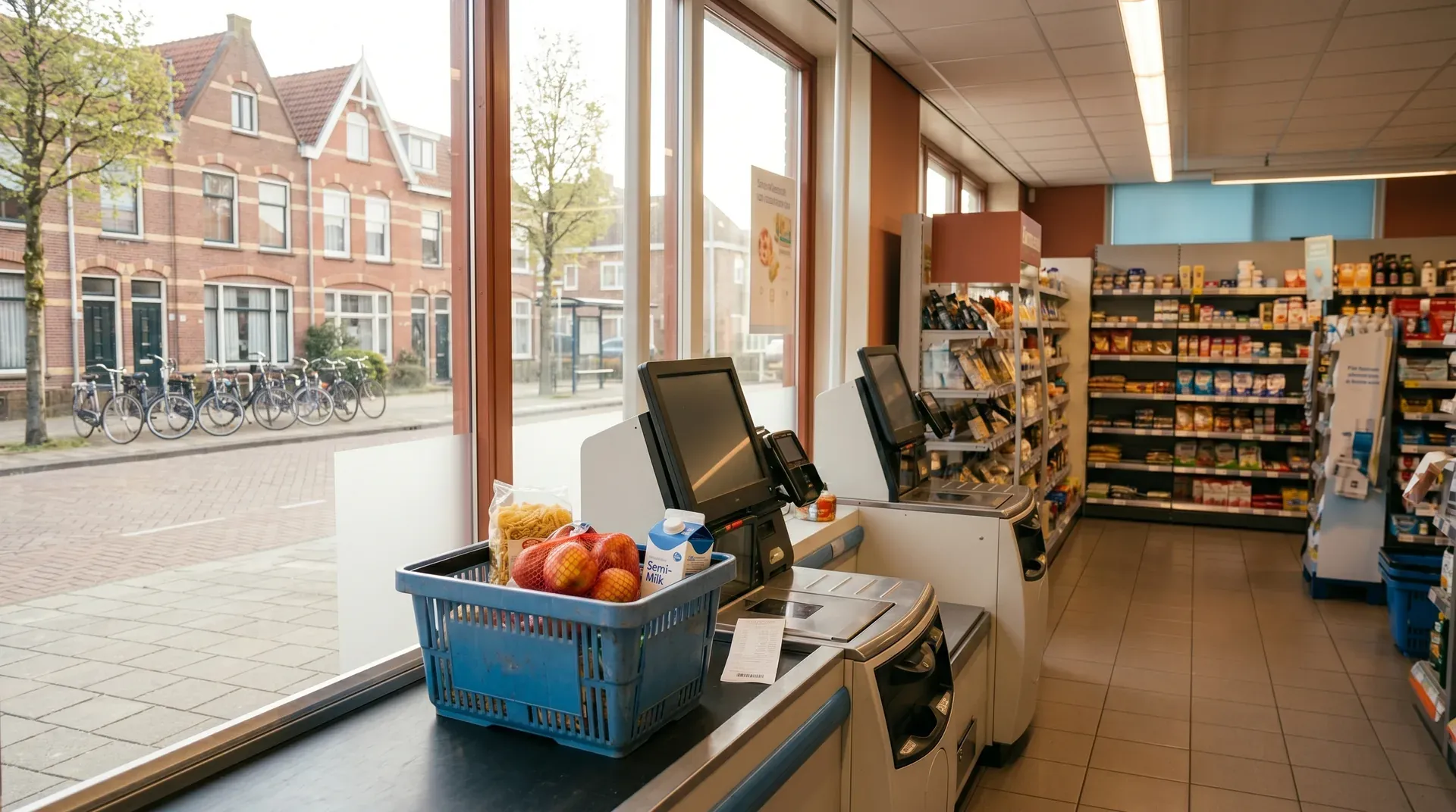 Supermarktinterieur met kassasystemen, winkelmandje met boodschappen en volle schappen op achtergrond