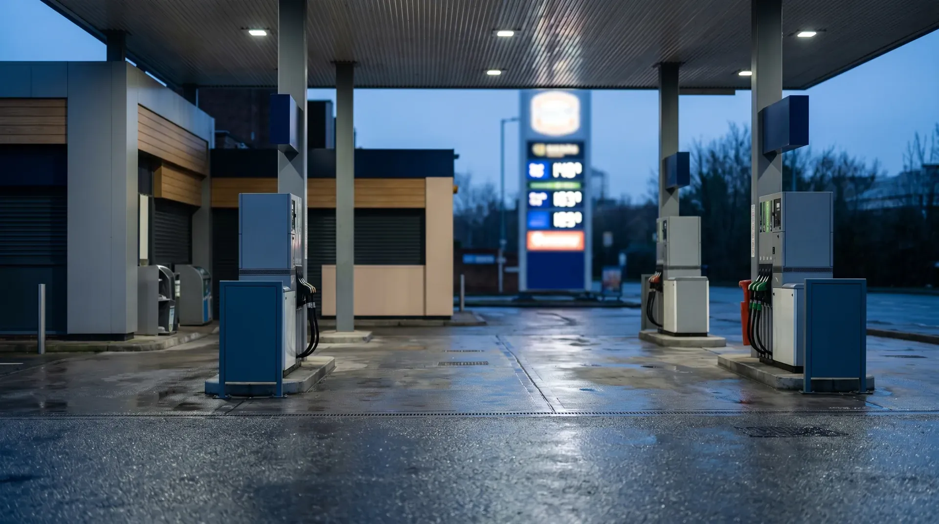 Lege benzinestation bij schemering met verlichte pomp en prijsscherm in achtergrond