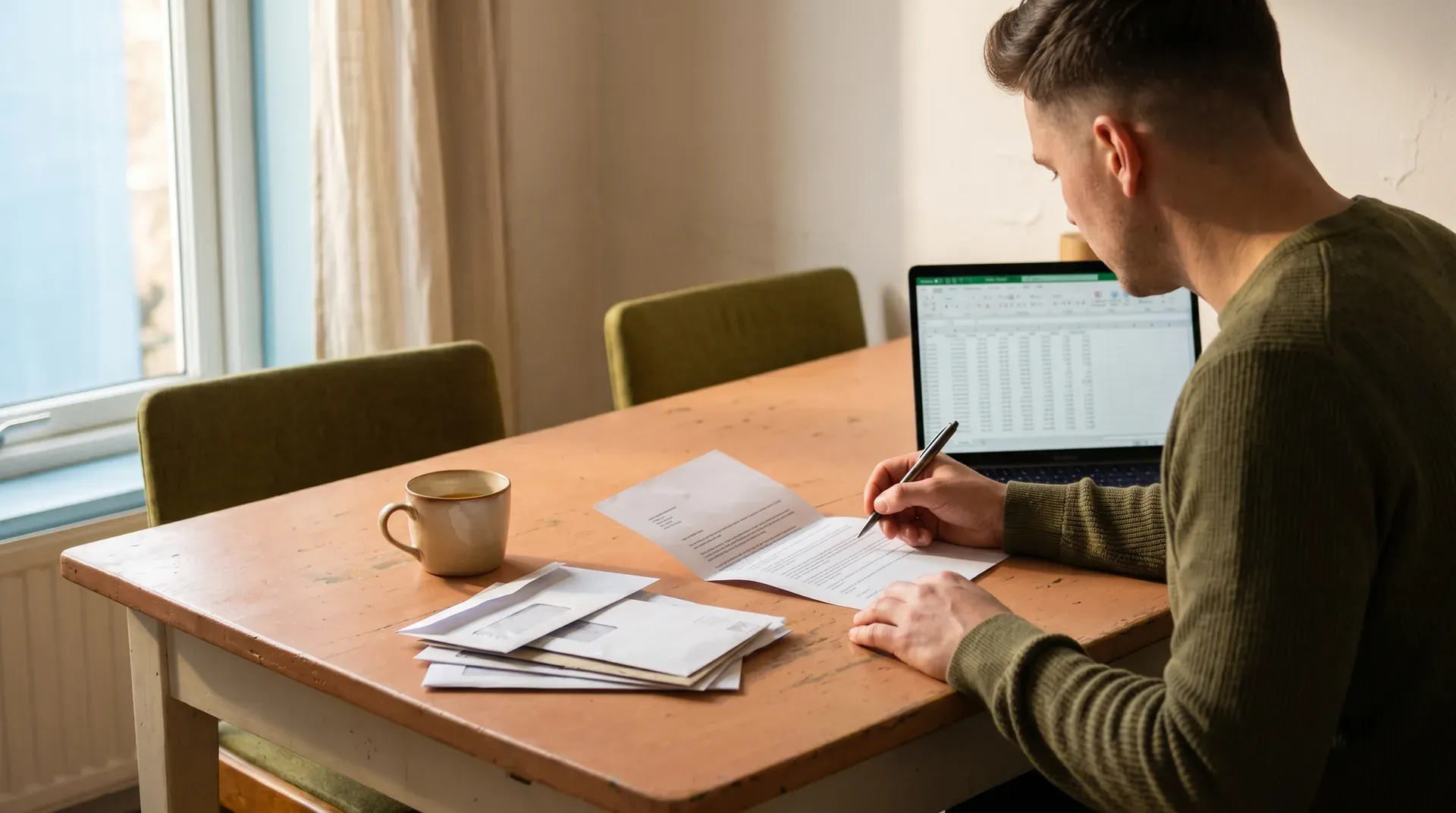 Man aan houten tafel met laptop en financiële documenten, koffiekop, schrijvend met pen