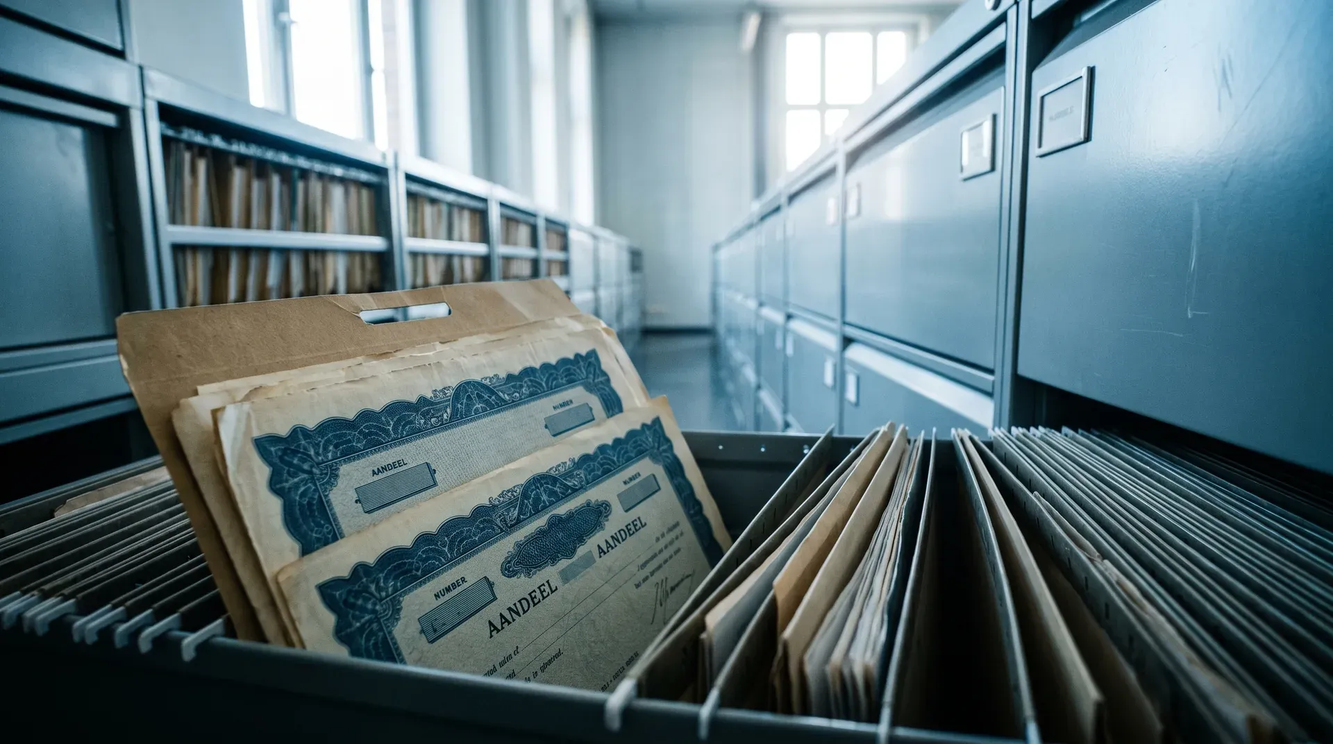 Archiefkast met geopende la vol klassieke aandelen-certificaten in moderne bibliotheekruimte