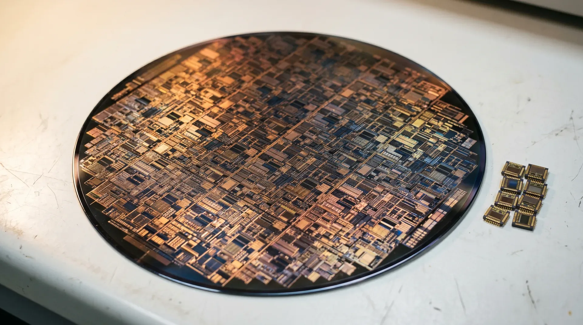 Siliciumwafer met geïntegreerde schakelingen naast losse microchips op wit oppervlak