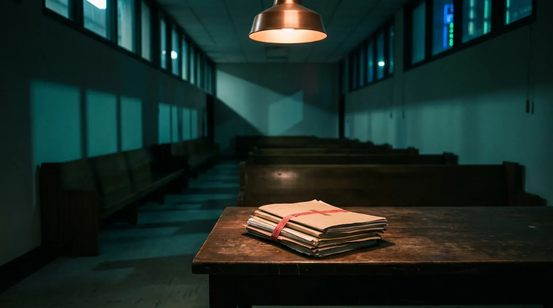 Stapel documenten met rood lint op houten tafel onder koperen lamp in leeg kantoorgebouw.