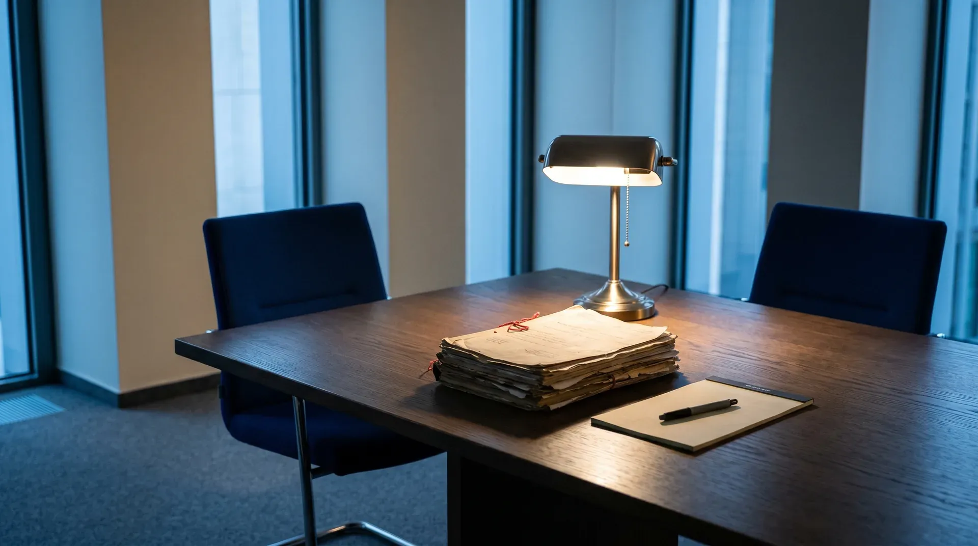 Lege conferentietafel met documenten, lamp en stoelen tegen ramen met uitzicht.
